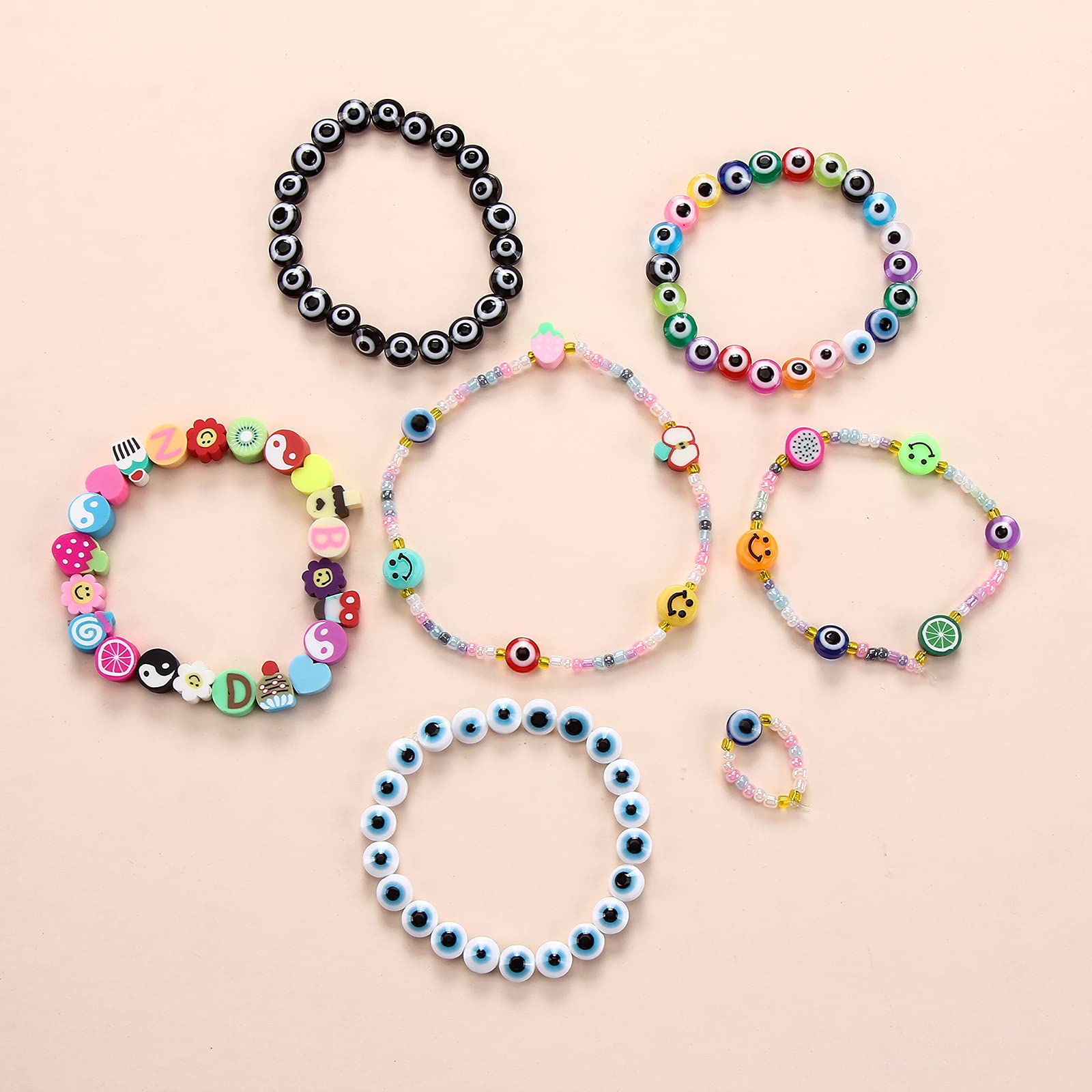420PCS Polymer Clay Beads Kit - 15 Styles Fruit Smile Face, Letter & Evil Eye Beads for DIY Jewelry Making (Bracelet, Necklace, Earrings) with Crystal Elastic String - Perfect for Women's Handmade Accessories & Gifts