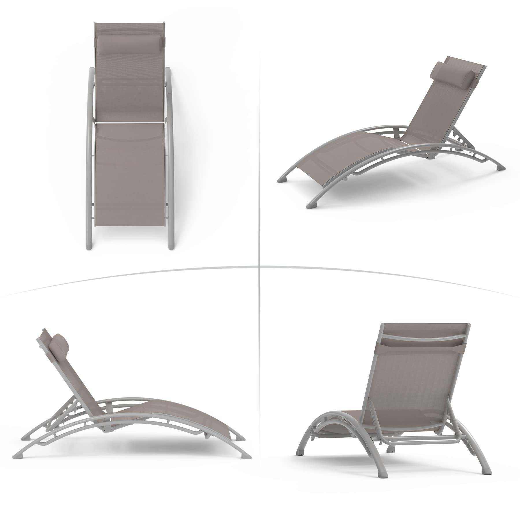 Domi Outdoor Chaise Lounge Set of 2 - Adjustable Patio Recliner Chairs with Removable Pillow for Pool, Beach, Garden & Backyard - Comfortable Sunbathing & Relaxation Furniture (Khaki)