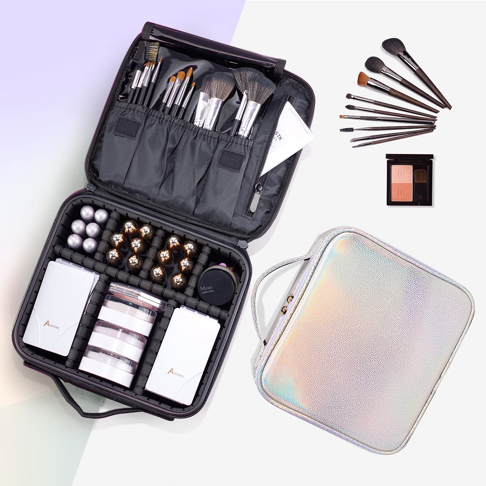 Professional Travel Makeup Train Case - Laser Cosmetic Organizer Bag with Adjustable Compartments for Women | Perfect for Makeup Brushes, Toiletries, Jewelry & Digital Accessories Storage | Ideal for Travel, Salon Professionals & Home Organization