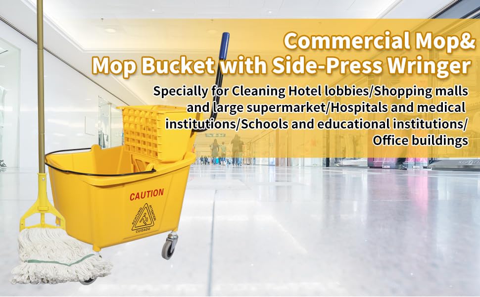 Commercial Mop Bucket with Side-Press Wringer - 35 Quart Heavy Duty Cleaning Bucket for Floors - Yellow Industrial Mop & Bucket Set - Perfect for Janitorial Services, Hospitals & Schools