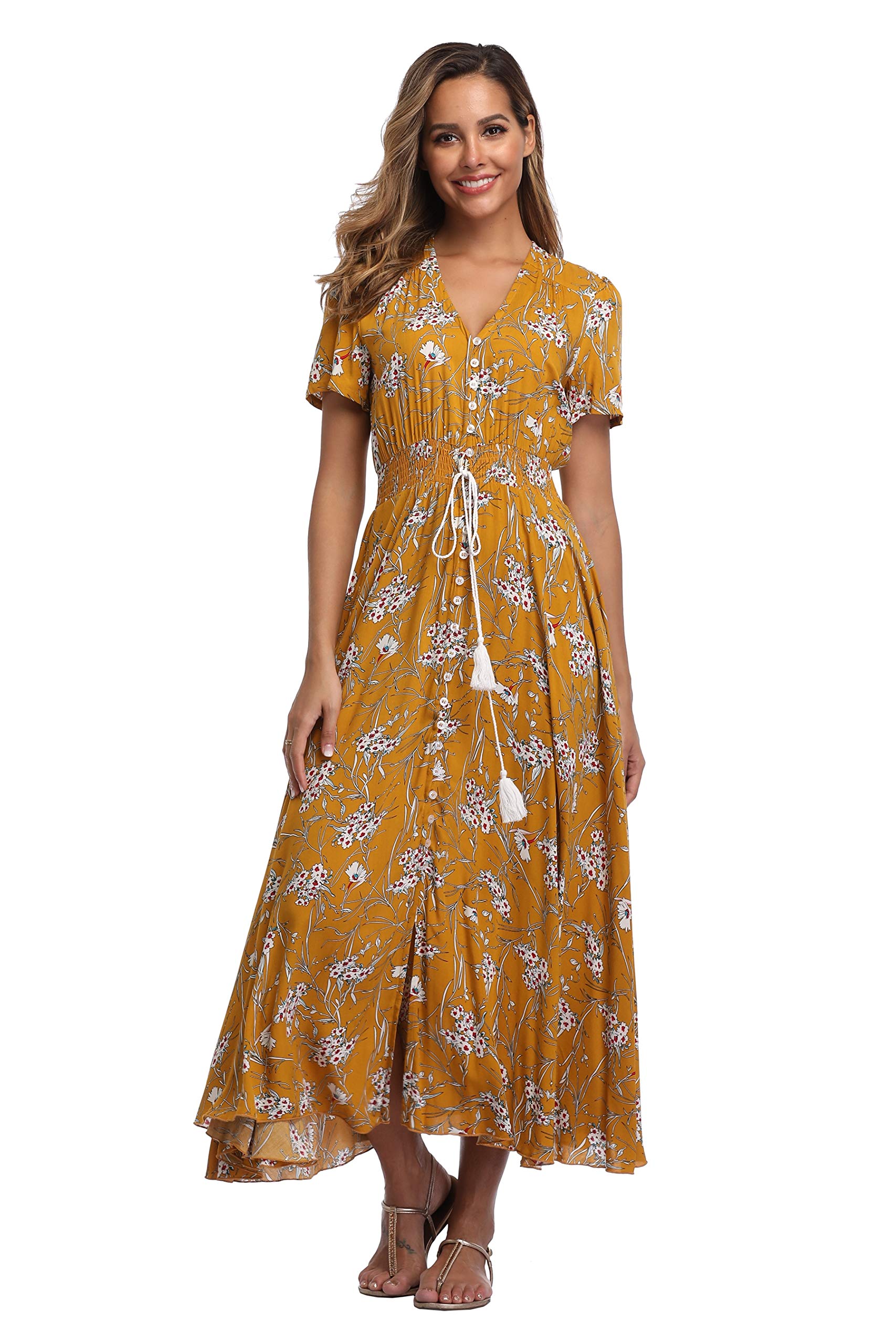 Ferrendo Women's Floral Maxi Dress - Button Up Long Boho Dress with Side Slit, Flowy Summer Beach Dress for Party, Vacation & Casual Wear