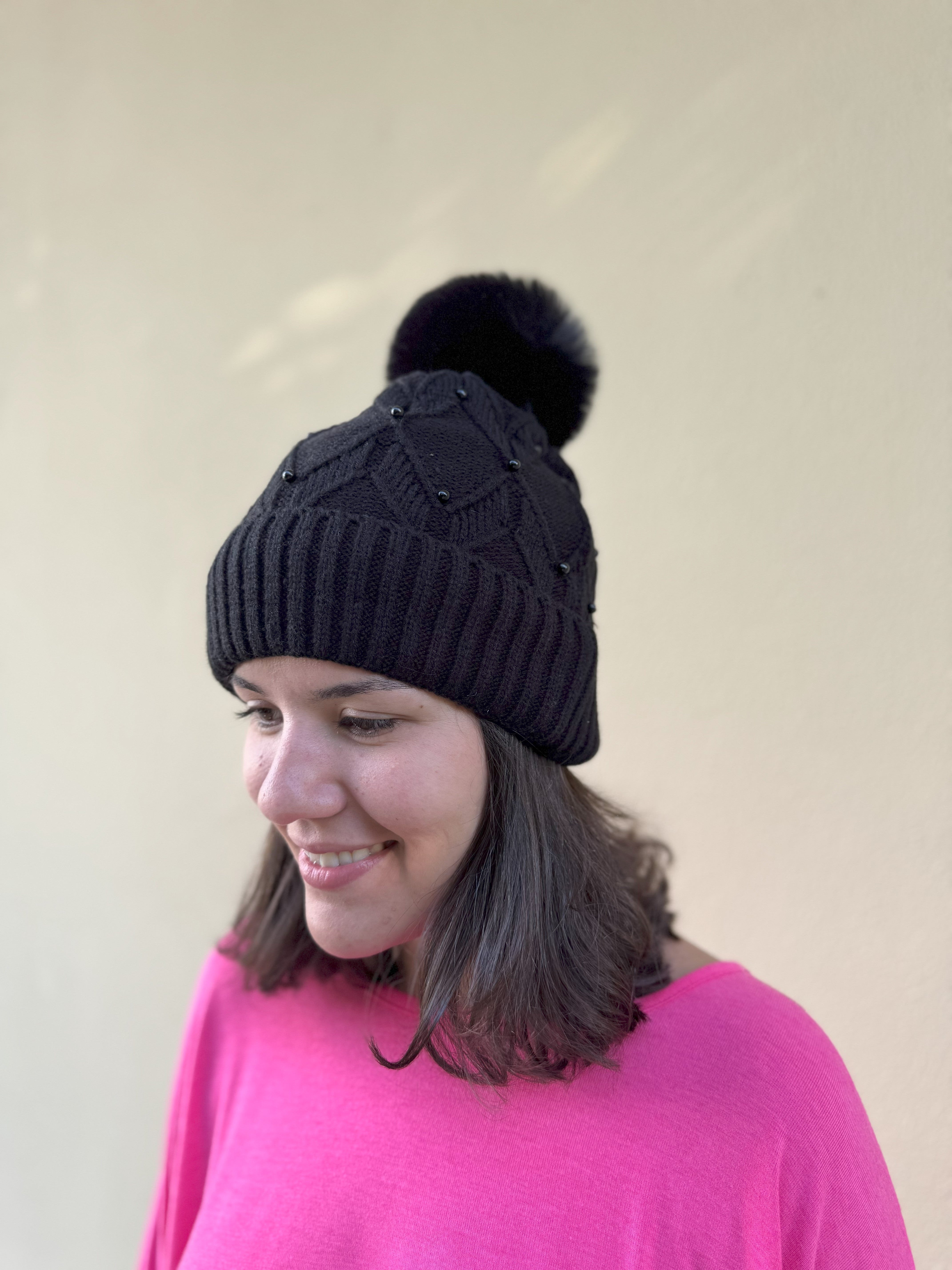 Black Pom Pom Beanie for Women - Soft Winter Knit Hat for Cold Weather, Outdoor Activities & Fashion Accessories