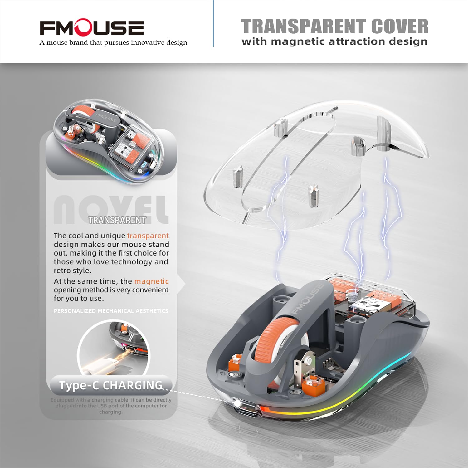 Creative Transparent Wireless Mouse - Dual Bluetooth & 2.4GHz for Multi-Device Connectivity, USB-C Receiver for MacBook/Laptops, Rechargeable Silent Mouse with Cool LED Lights | Ergonomic Design for Office, Home & Travel Use - Grey