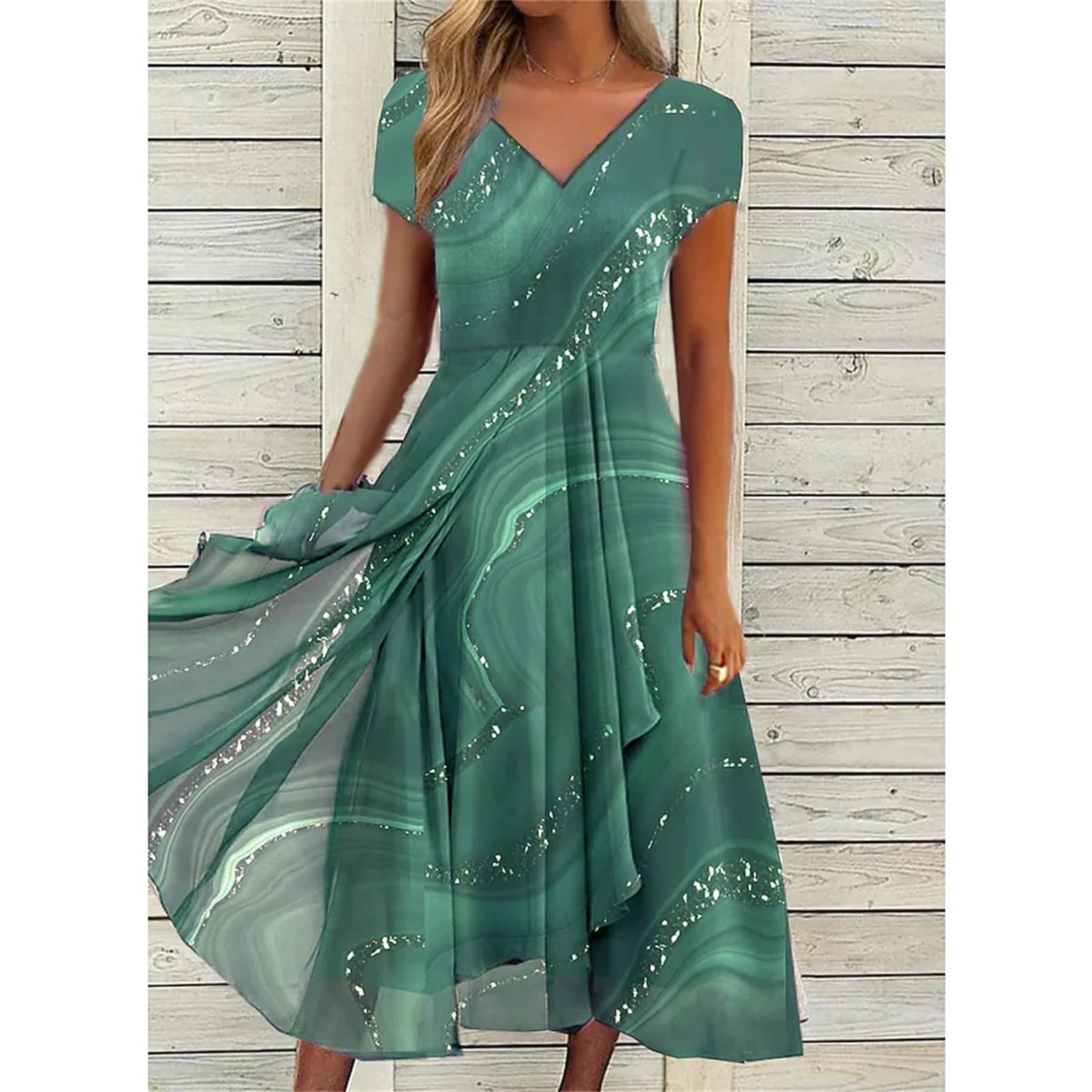 Elegant Ruched Peplum A-Line Bodycon Dress for Women - Flowy Chiffon Short Sleeve Party Dress with Trendy Patchwork Design | Perfect for Spring Weddings, Date Nights & Special Occasions