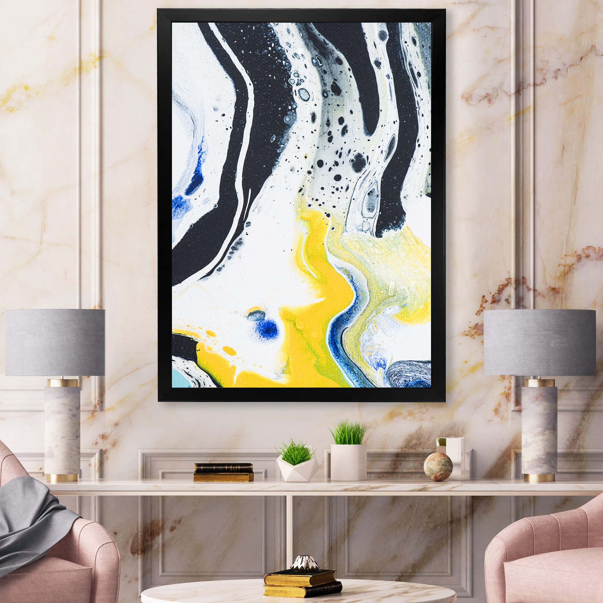 Abstract Marble Wall Art in Yellow & Blue - Modern Framed Canvas Painting for Living Room, Bedroom & Office Decor | DesignQ IV