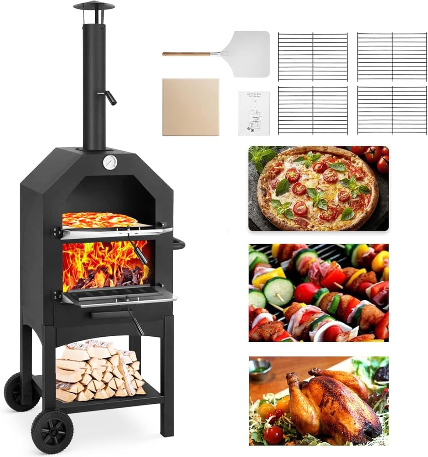 Premium U-MAX Outdoor Wood-Fired Pizza Oven with Waterproof Cover - Portable Steel Pizza Grill & Maker with Pizza Stone - Perfect for Camping, Backyard BBQs & Outdoor Cooking