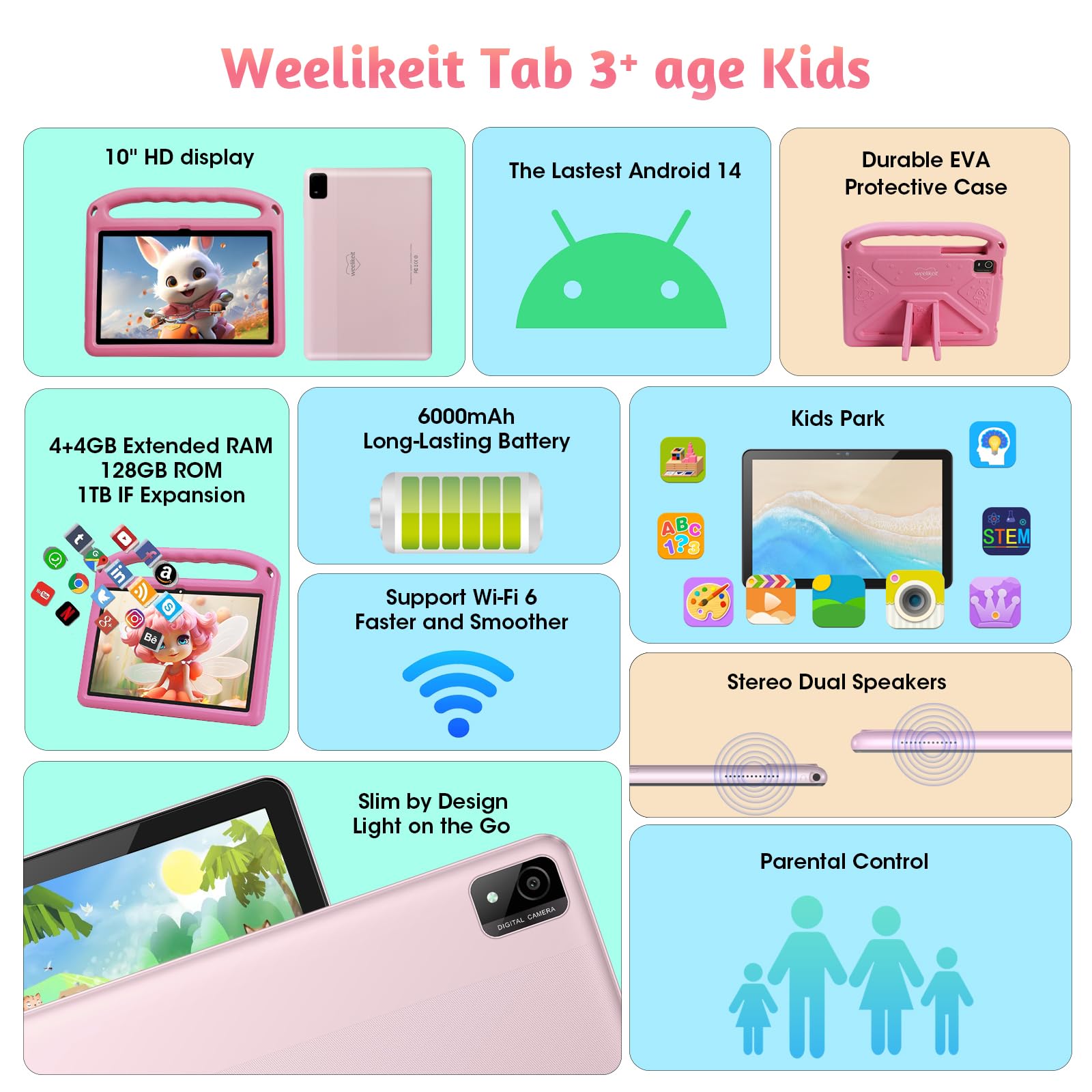 10-Inch Kids Tablet with Android 14 | 8GB RAM 128GB ROM | Parental Controls, Dual Camera & 6000mAh Battery | Includes EVA Case - Perfect for Learning, Games & Travel (Pink)