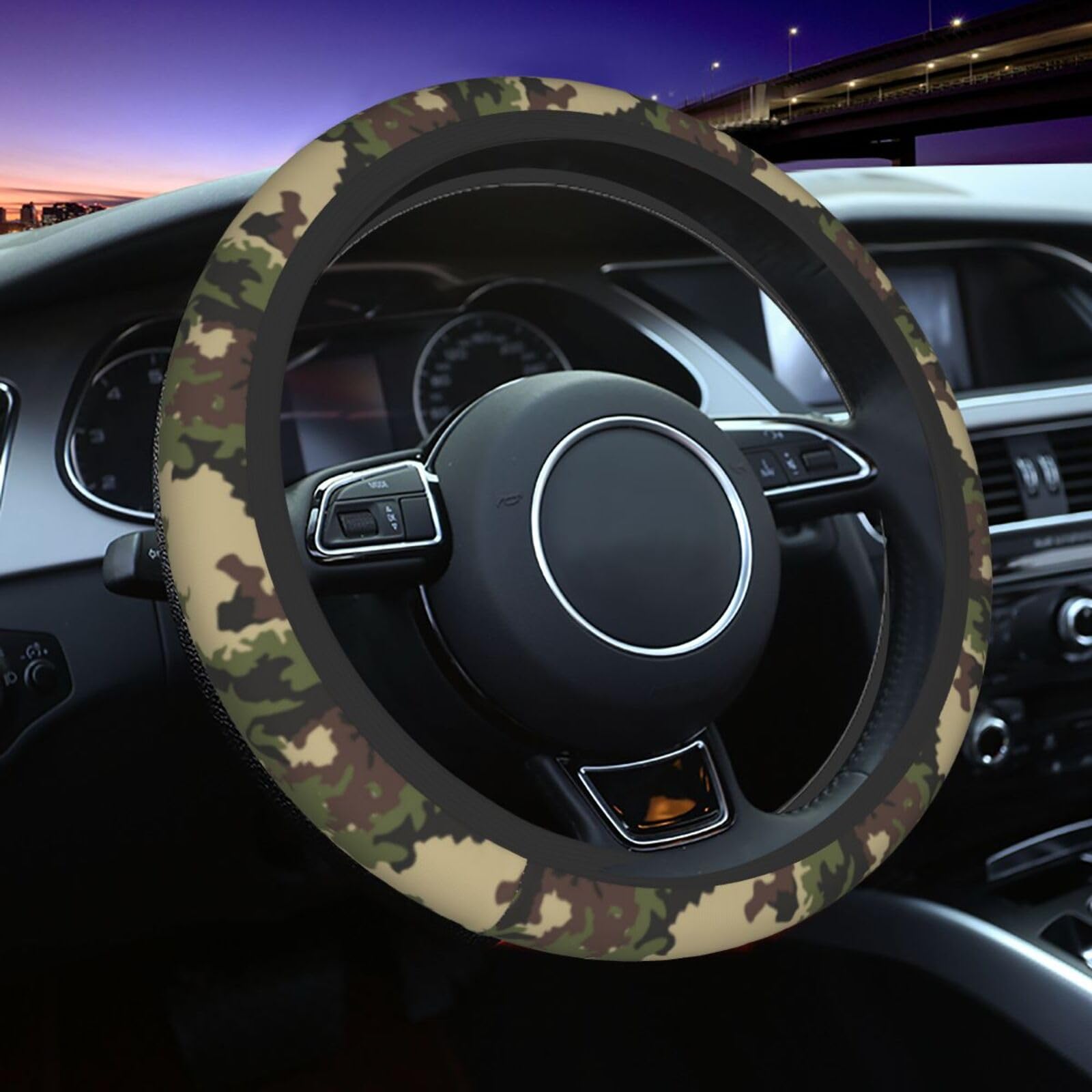 Universal 14.5-15 Inch Green Camouflage Non-Slip Steering Wheel Cover with 2 Car Coasters - Rainbow Design for Women & Men | Perfect for Off-Road Adventures & Daily Commutes