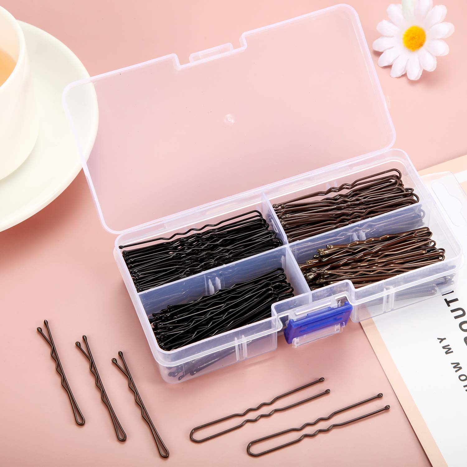 Hicarer 200-Piece U-Shaped Bobby Pins & Hair Clips Set - Black & Brown Metal Hairpins in Multiple Sizes with Clear Storage Box for Women, Girls - Perfect for Updos, Braids, Curly Hair & Everyday Styling