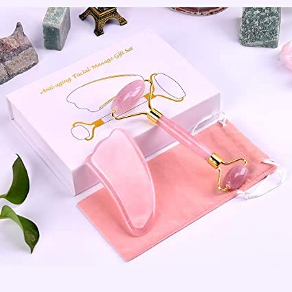 Vinayakart Rose Quartz Face Roller Set with Natural Stone Massage Tool - Rose Gold Facial Massager for Skin Care, Anti-Aging & Lymphatic Drainage | Perfect for Home Spa, Self-Care Routine & Gift Giving