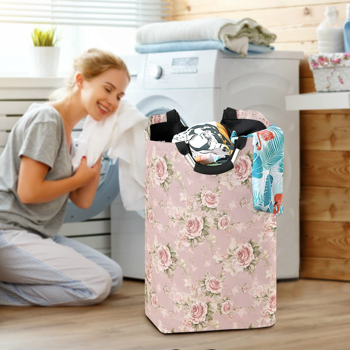 MNSRUU Foldable Laundry Bag with Handles - Pink Rose Flower Collapsible Laundry Basket Hamper for Home, Dorm & Travel - Perfect for Laundry Room Decor, Bathroom Organization & Storage