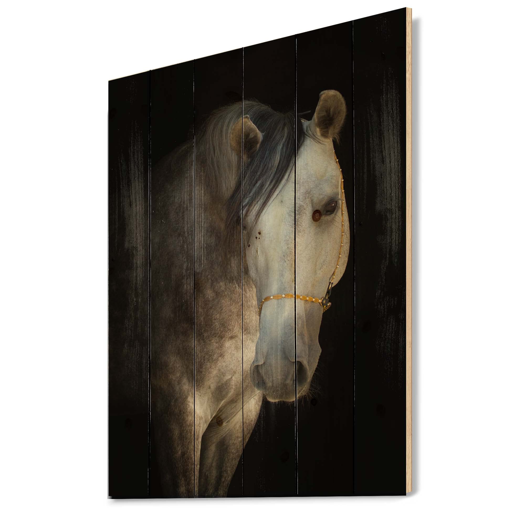 DesignQ White Horse Portrait Farmhouse Wood Wall Decor - Brown Wooden Wall Art for Living Room, Large Animal Print on Natural Pine Wood Panel - Perfect for Home, Office & Cabin Decor