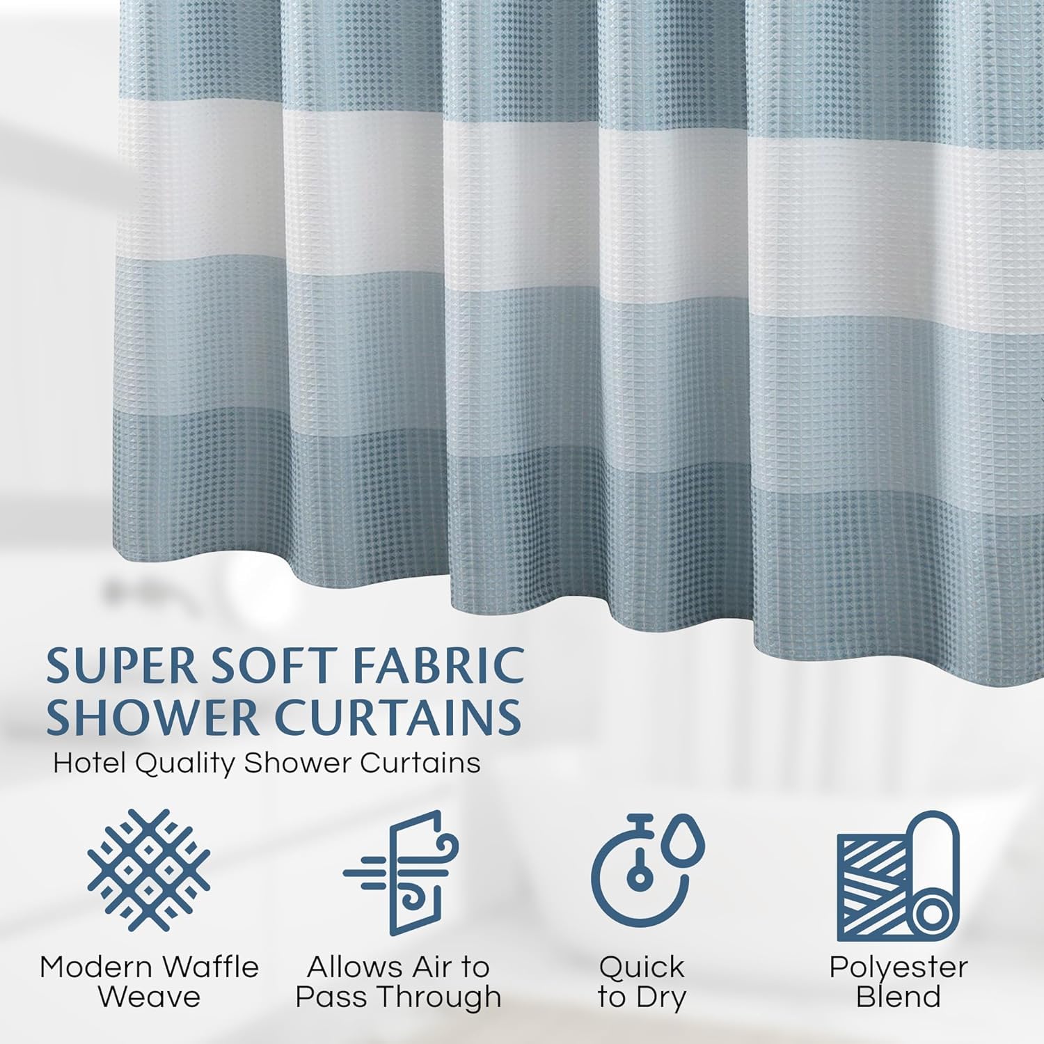 Aqua Blue Ombre Striped Waffle Weave Shower Curtain 70x72 Inch - Water Resistant Polyester Blend Bath Curtain with Rust-Resistant Grommets - Stylish Washable Shower Curtain for Modern Bathrooms, Spa Retreats & Guest Bath Decor