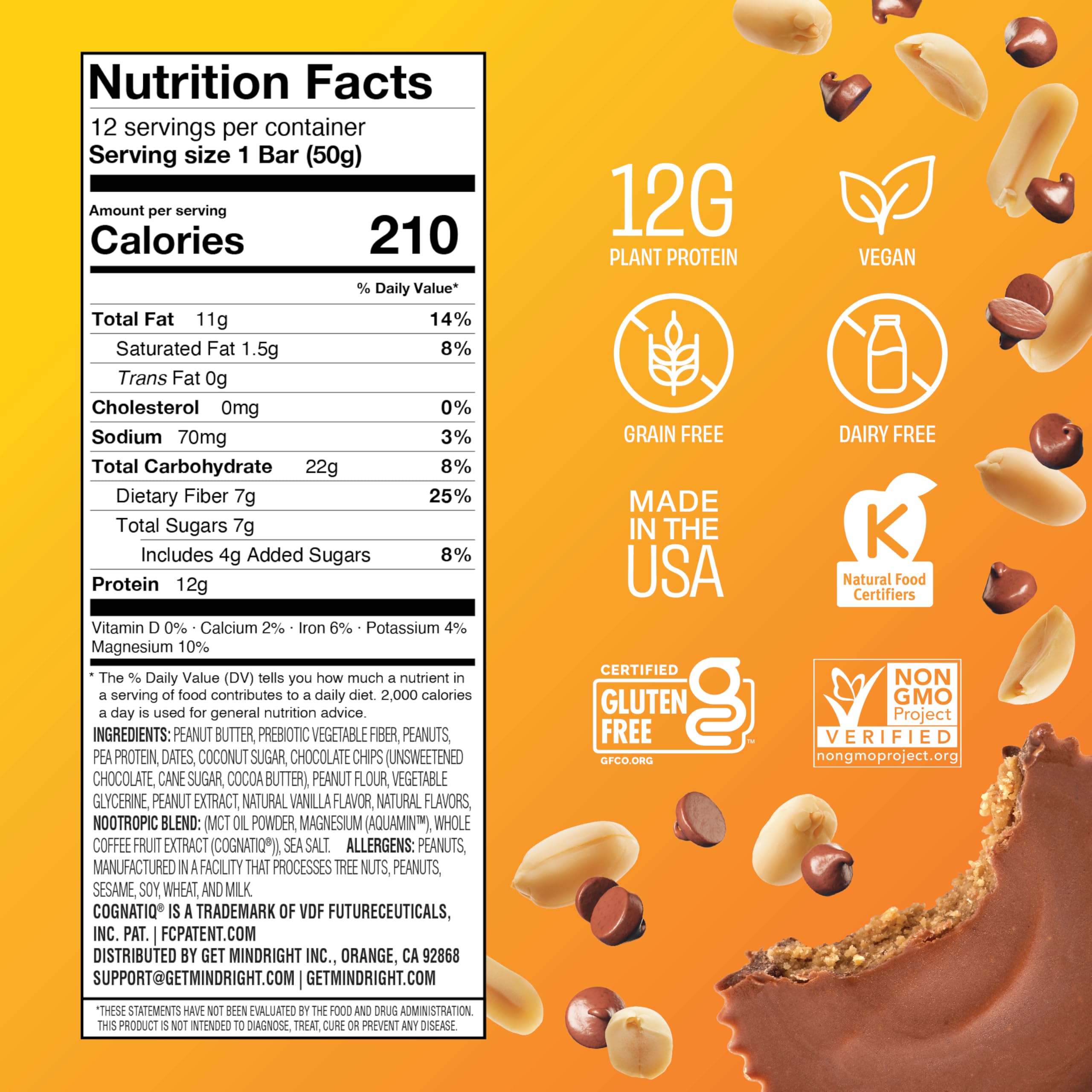 Mindright Superfood Vegan Protein Bar - Gluten Free, Non-GMO, Low Sugar, Peanut Butter Cup Flavor - 12 Pack | Brain Boosting Snack for Enhanced Mood, Energy & Focus | Perfect for Workouts, Hiking & Healthy On-the-Go Meals