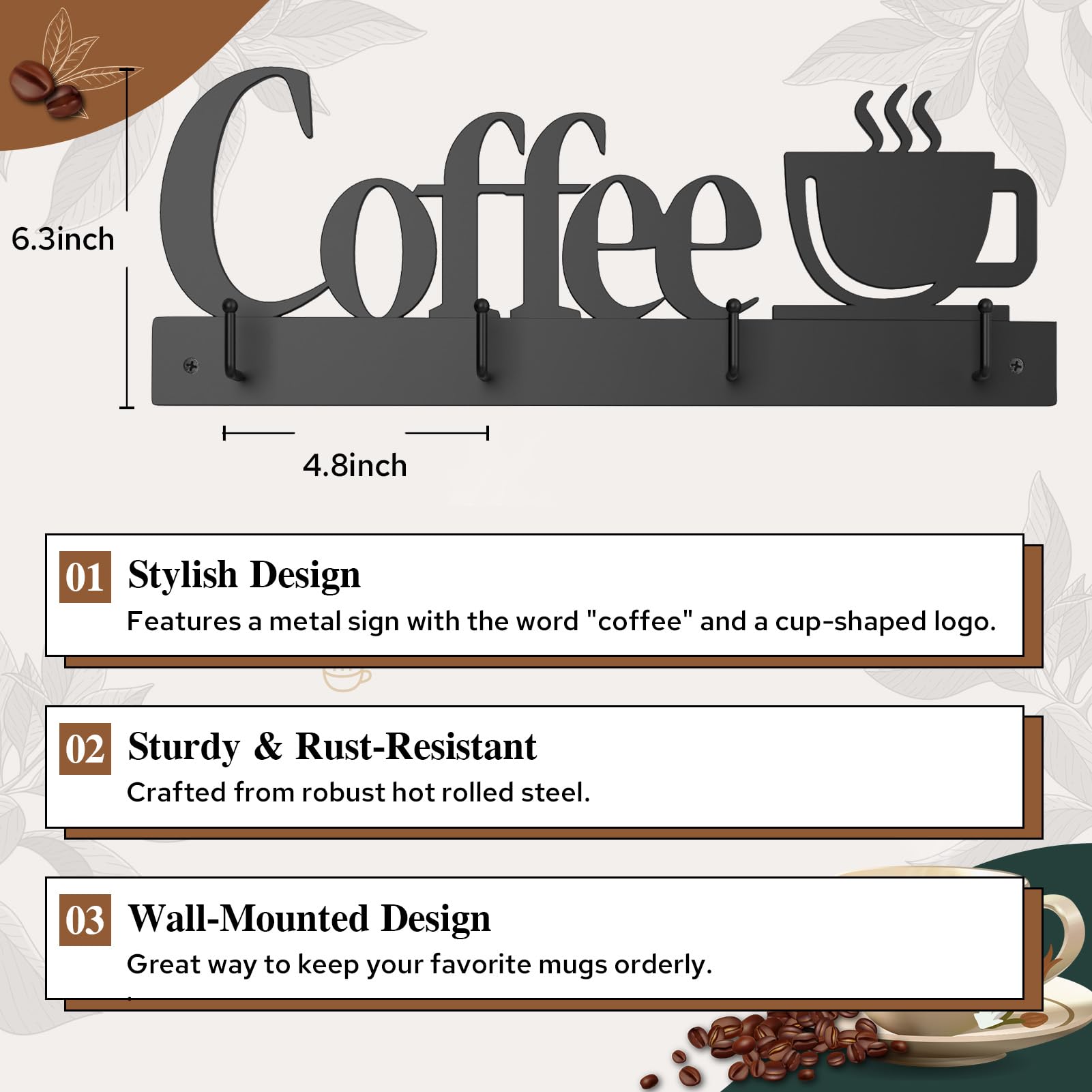 Rustproof Wall-Mounted Coffee Cup Holder with 4 Heavy-Duty Hooks - Includes Metal Coffee Sign & Cup-Shaped Logo - Perfect Kitchen & Office Decor for Coffee Bar Accessories & Tea Cup Organization