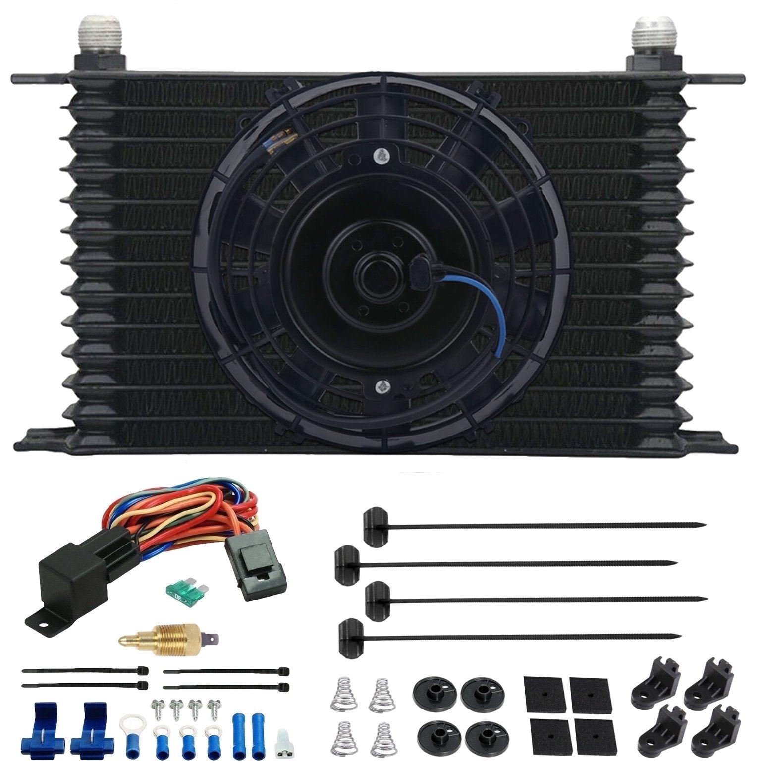 13 Row Engine Transmission Cooler with Ground Thermostat & Temperature Fan Switch Kit - Heavy Duty Cooling for Trucks, RVs & Performance Vehicles