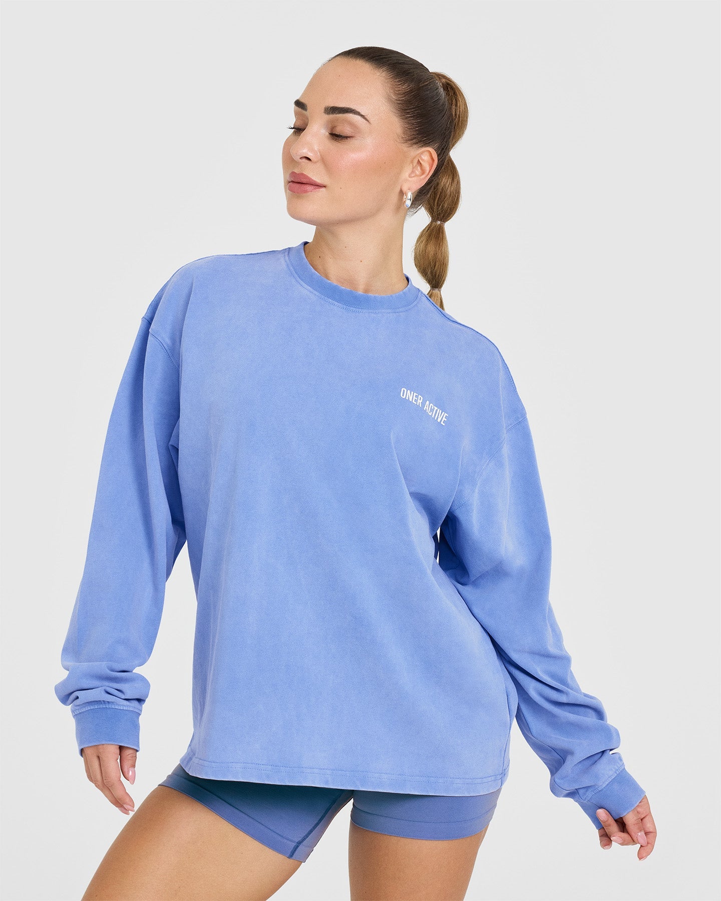 Oversized Graphic Washed Long Sleeve T-Shirt for Women - Vintage Style Glaucous Blue Top | Casual Streetwear, Layering Essential for Fall & Winter Fashion