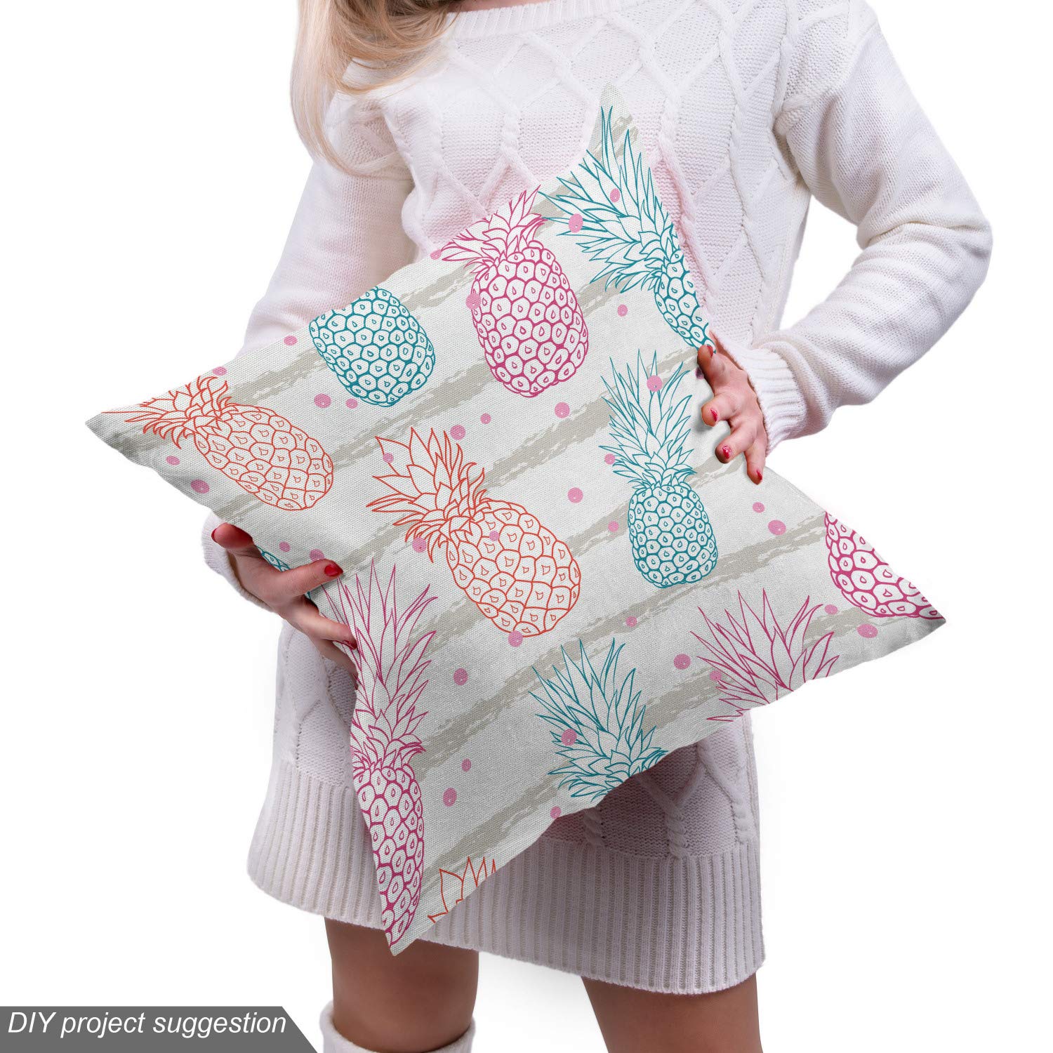 Ambesonne Tropical Fabric by The Yard - Hand-Drawn Pineapple Print on Dotted & Striped Background | Decorative Upholstery & Home Decor Fabric | 10 Yards Pink Coconut | Perfect for DIY Pillows, Curtains & Boho Home Decor