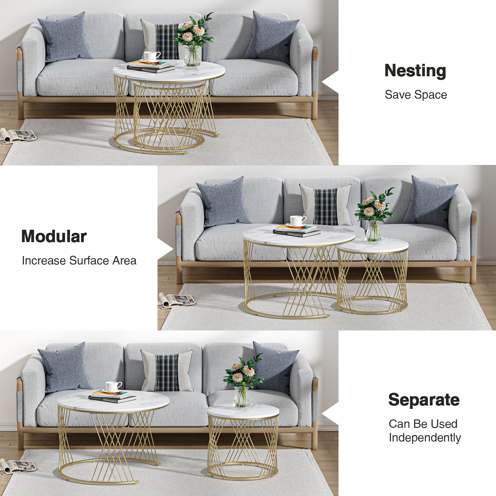 Giluta Round Coffee Table Set of 2 - Modern Faux Marble Nesting Tables for Living Room, Bedroom & Office - Stylish Center Table & Nightstand for Small Spaces