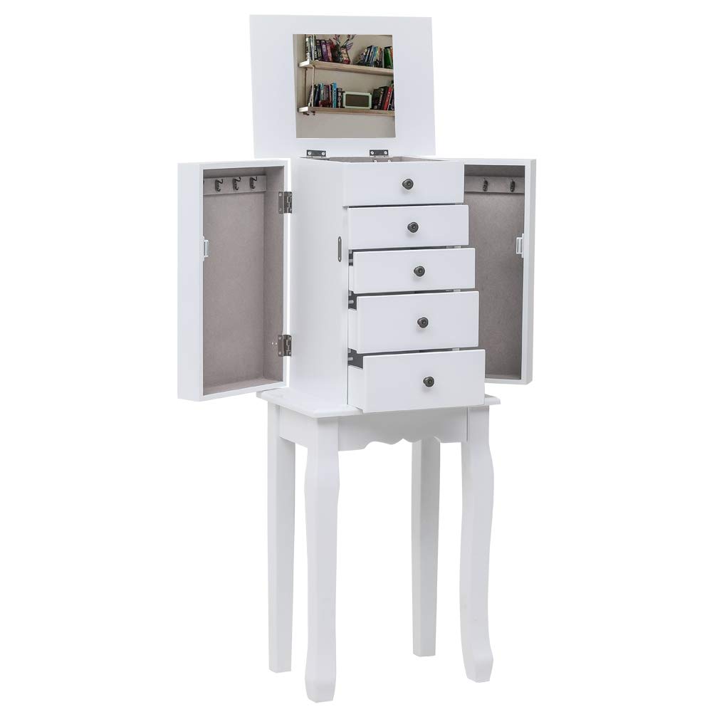 Standing Jewelry Armoire with Mirror & Top Storage Organizer - Jewelry Cabinet Chest with 2 Side Drawers for Bedroom, Closet & Dressing Room Organization