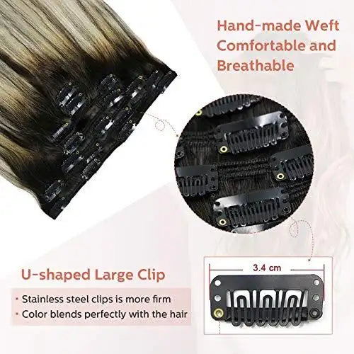 Premium 9A Brazilian Clip-In Human Hair Extensions - 7pcs Double Weft for Instant Volume & Length | Perfect for Weddings, Parties & Everyday Styling