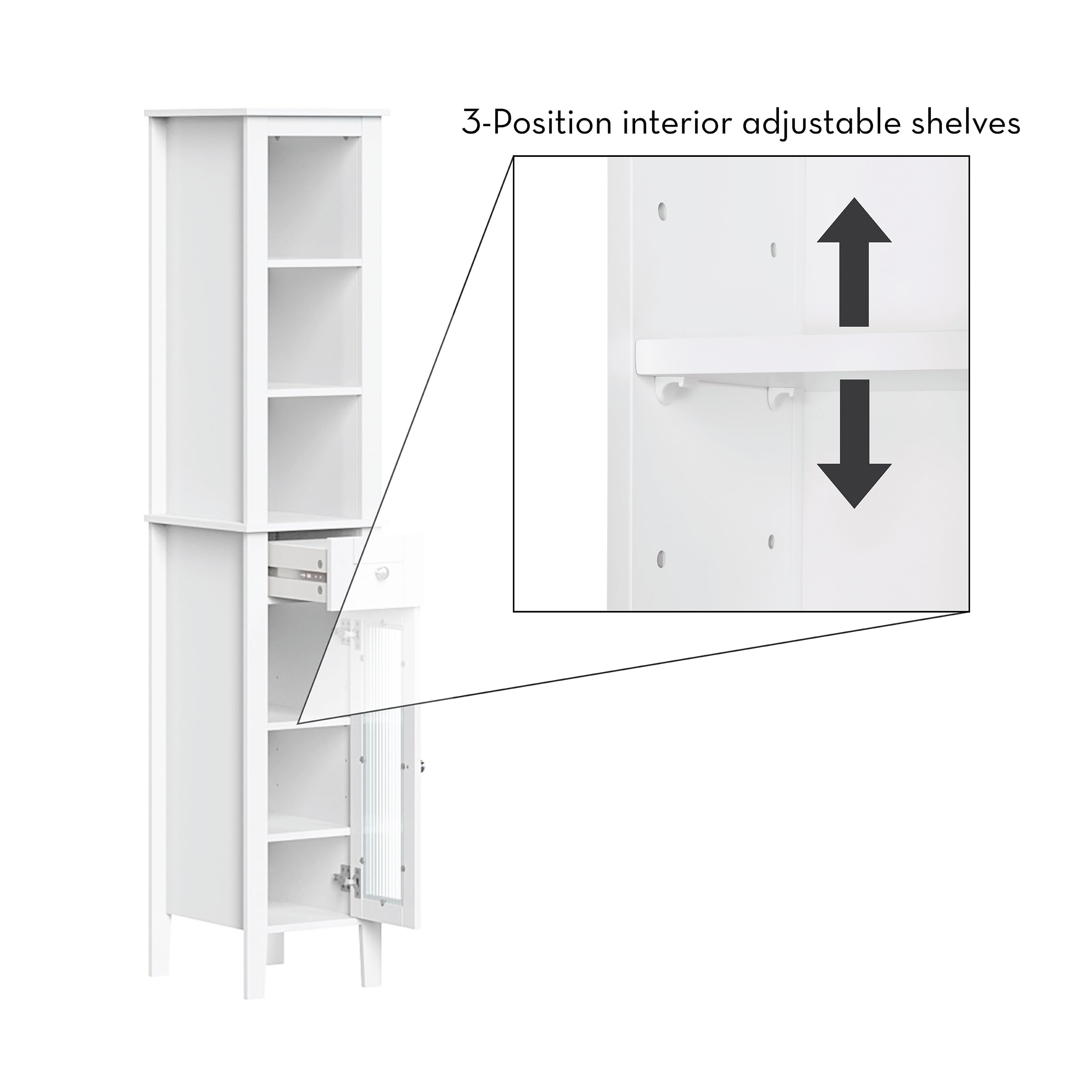 RiverRidge Prescott Tall Bathroom Storage Cabinet with Reeded Soft-Close Glass Door - 3 Open Shelves & Drawer - Slim Narrow Bathroom Vanity Organizer for Towels, Toiletries & Cosmetics - Perfect for Small Bathrooms, Powder Rooms & Apartment Living