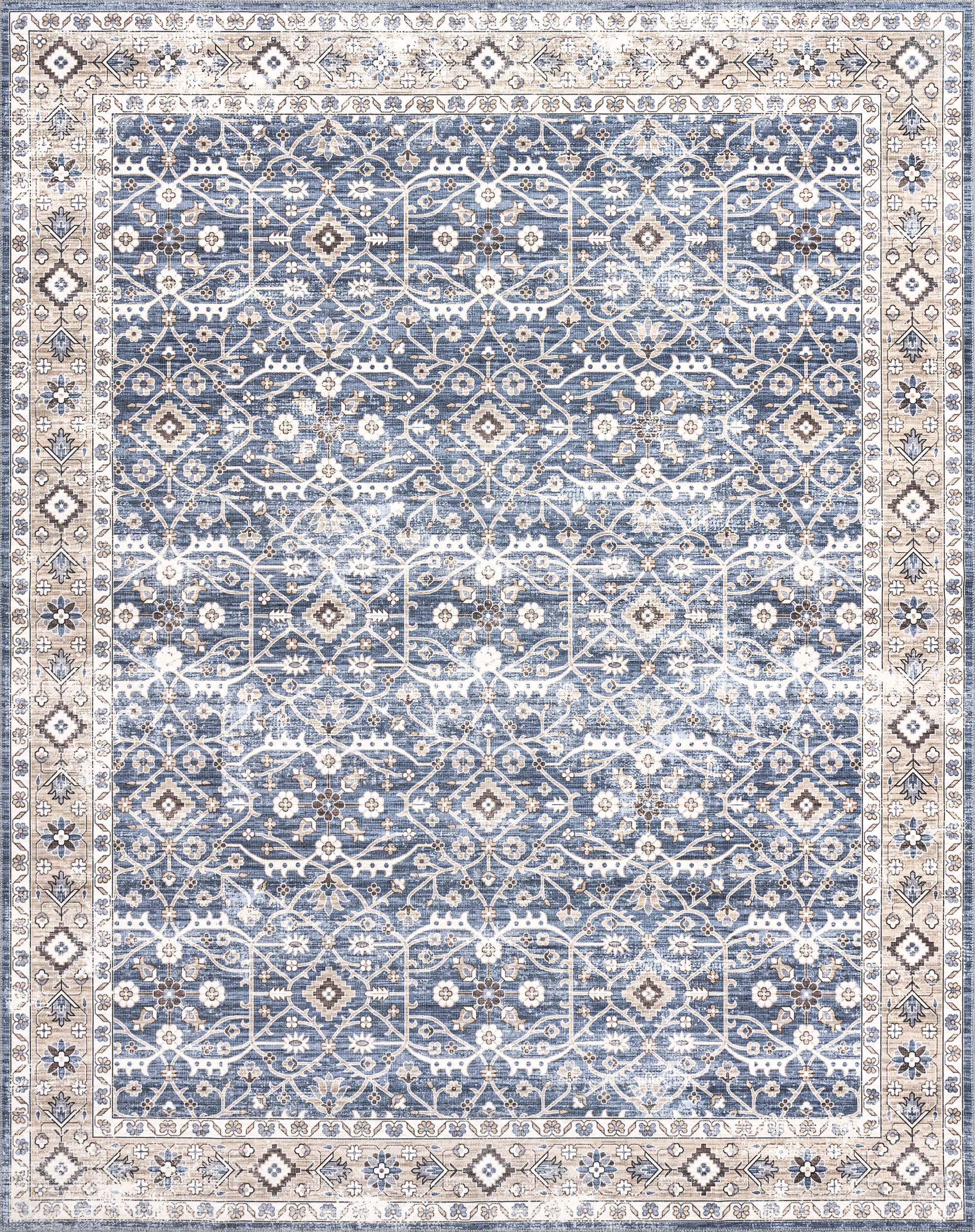 Cassie Vintage Tracery Washable Rug - Blue Floral Bohemian Area Rug for Living Room, Bedroom, Nursery - Soft Machine Washable Non-Slip Floor Mat for Home Decor
