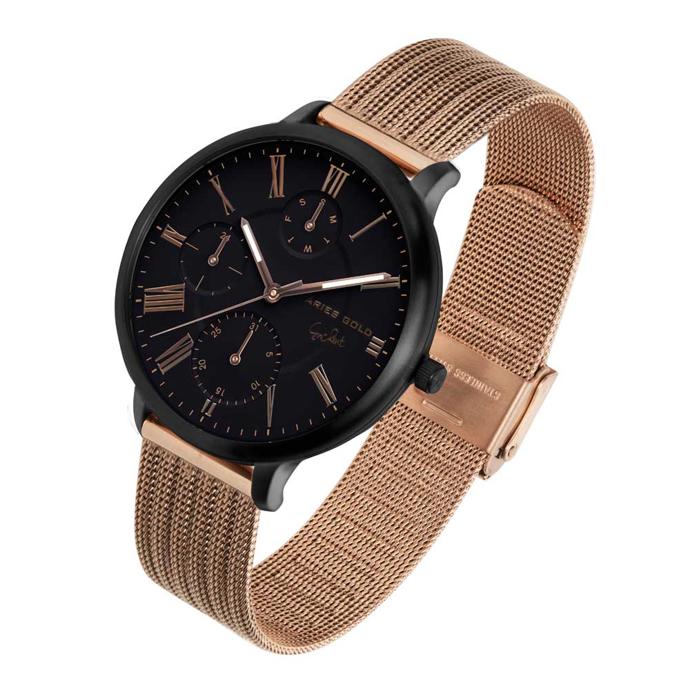 ARIES GOLD VOYAGE Black Stainless Steel Women's Watch with Rose Gold Mesh Strap - Model L 5034 BK BK - Elegant Timepiece for Business, Parties & Everyday Wear