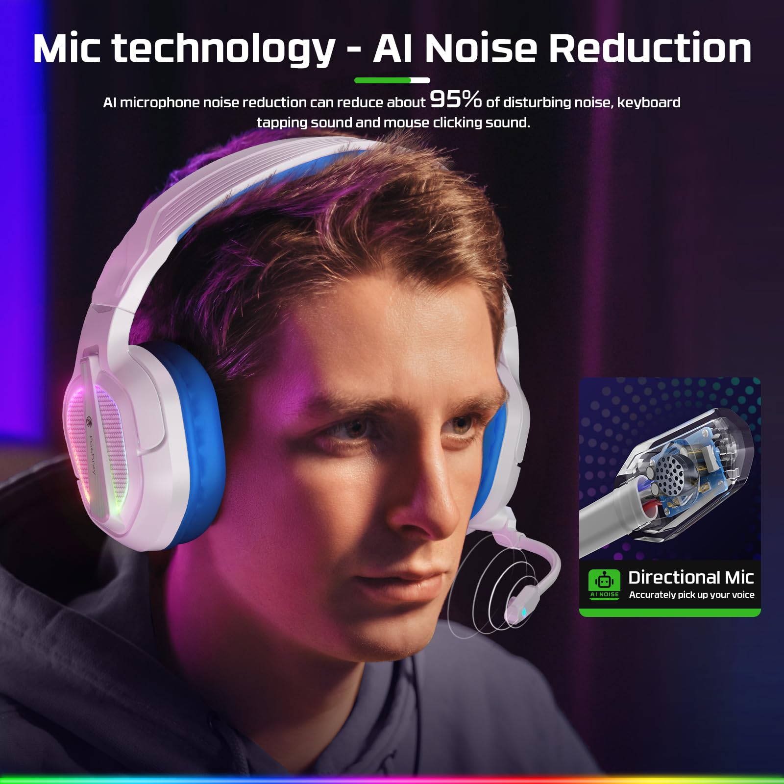 FC200 Gaming Headset with Microphone - Noise Cancelling Over-Ear Headphones for PC, PS4, PS5, Xbox One, Switch & Mac - 3.5mm Jack & RGB Lights - Perfect for Gaming, Streaming & Online Meetings