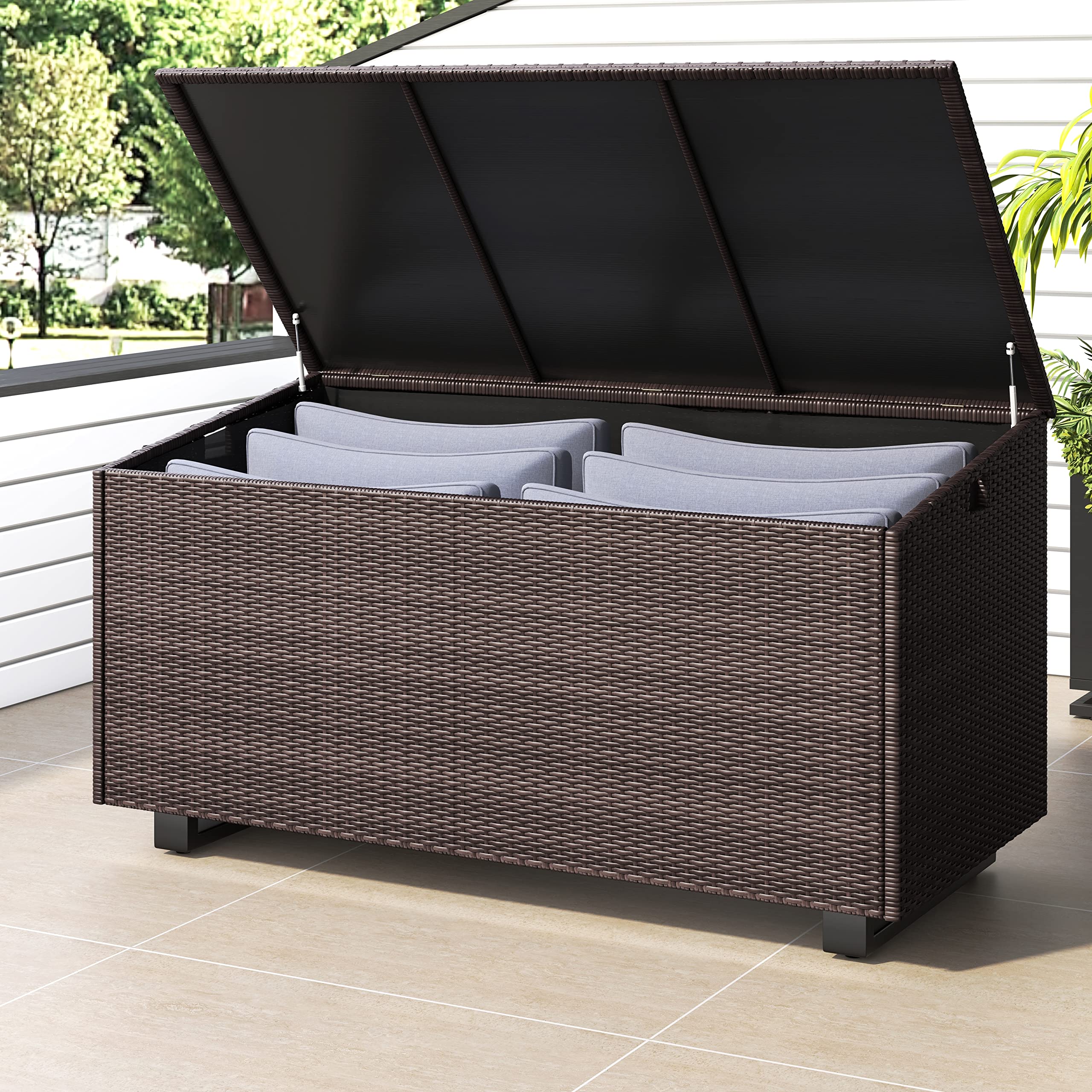 204-Gallon Outdoor Cushion Storage Box with Lattice Design - Waterproof Patio Furniture Cover for Pillows, Cushions & Pool Accessories - Perfect for Backyard, Deck & Garden Organization (Brown)