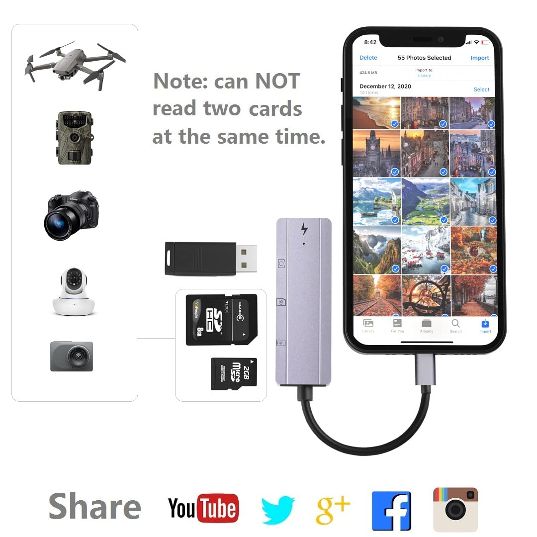 SD Card Reader for iPhone 14/13/12/11/X & iPad - USB Camera Adapter, Micro SD/TF Card Viewer - No App Required (Gray) - Perfect for Transferring Photos from Trail Cameras, DSLRs & Drones