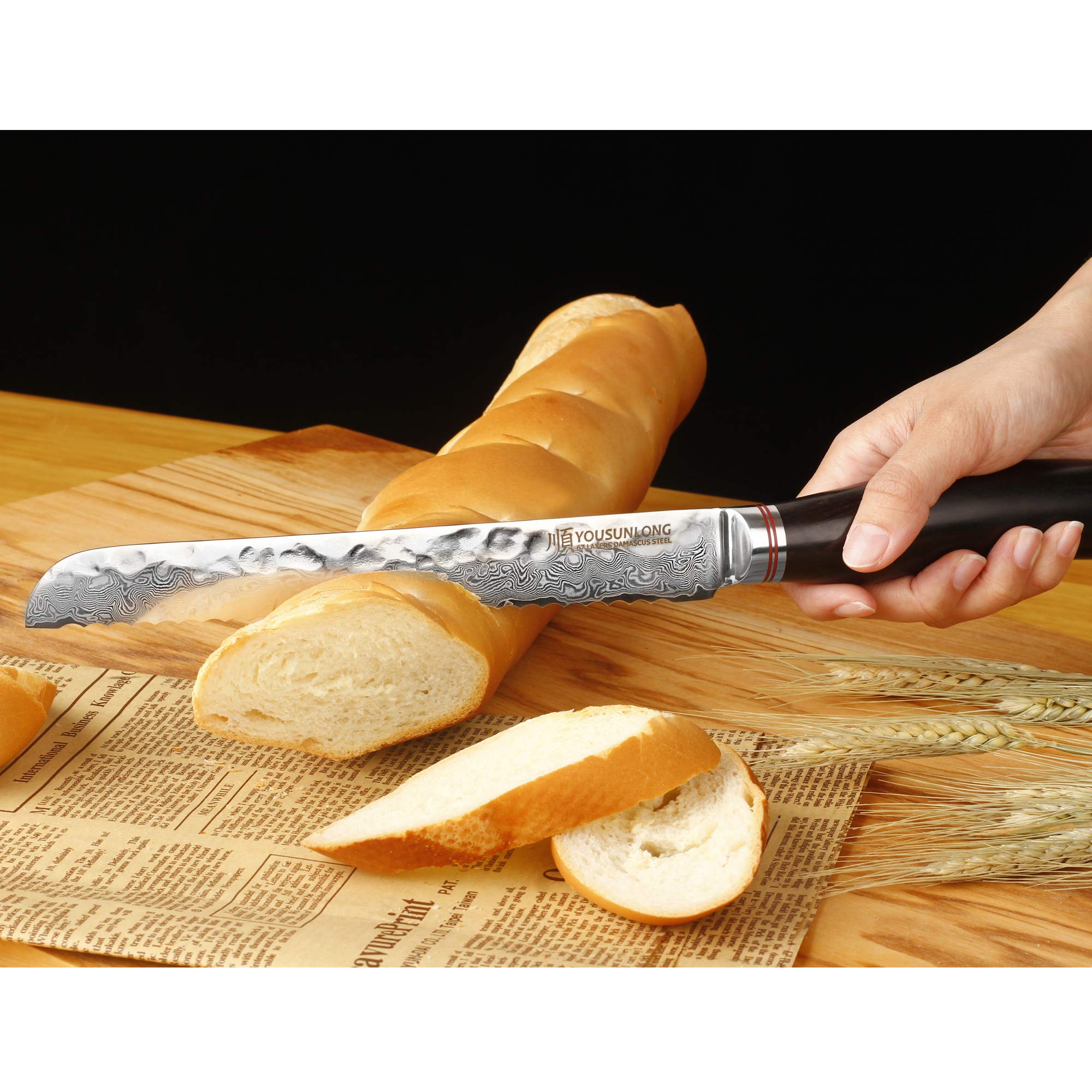 YOUSUNLONG 8-Inch Serrated Bread Knife - Premium Japanese Hammered Damascus Steel - Natural Ebony Wood Handle - Perfect for Slicing Bread, Bagels, Cakes and Deli Meats - Ideal for Home Kitchens, Bakeries and Restaurants