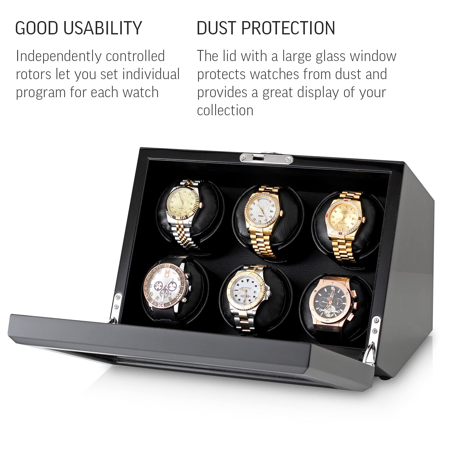 Premium 6 Automatic Watch Winder with Motor-Stop Function & Battery/AC Power - Perfect for Automatic Watch Storage, Display & Maintenance at Home/Office