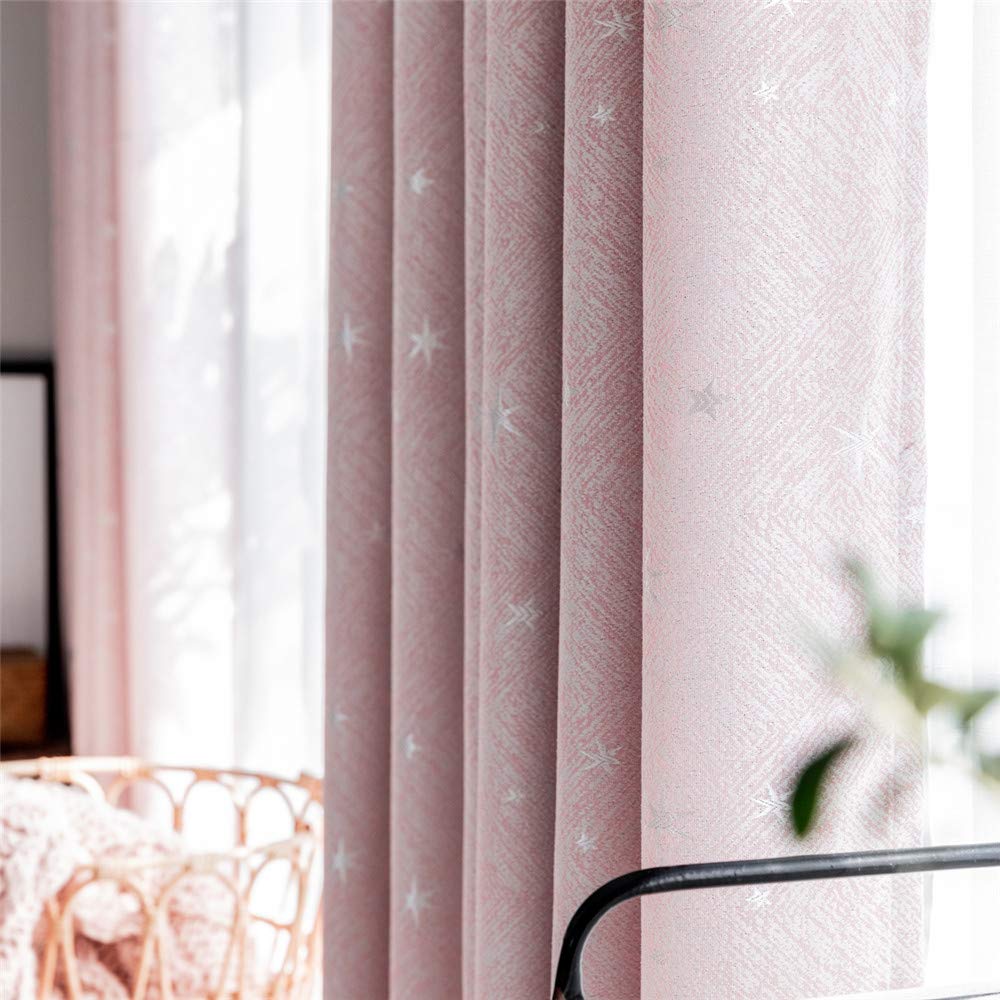 Blackout Curtains for Bedroom - 2 Panels Pink Linen Jacquard Star Grommet Top Window Drapes for Girls Room, Living Room & Kitchen - Perfect for Light Blocking, Privacy & Room Decor