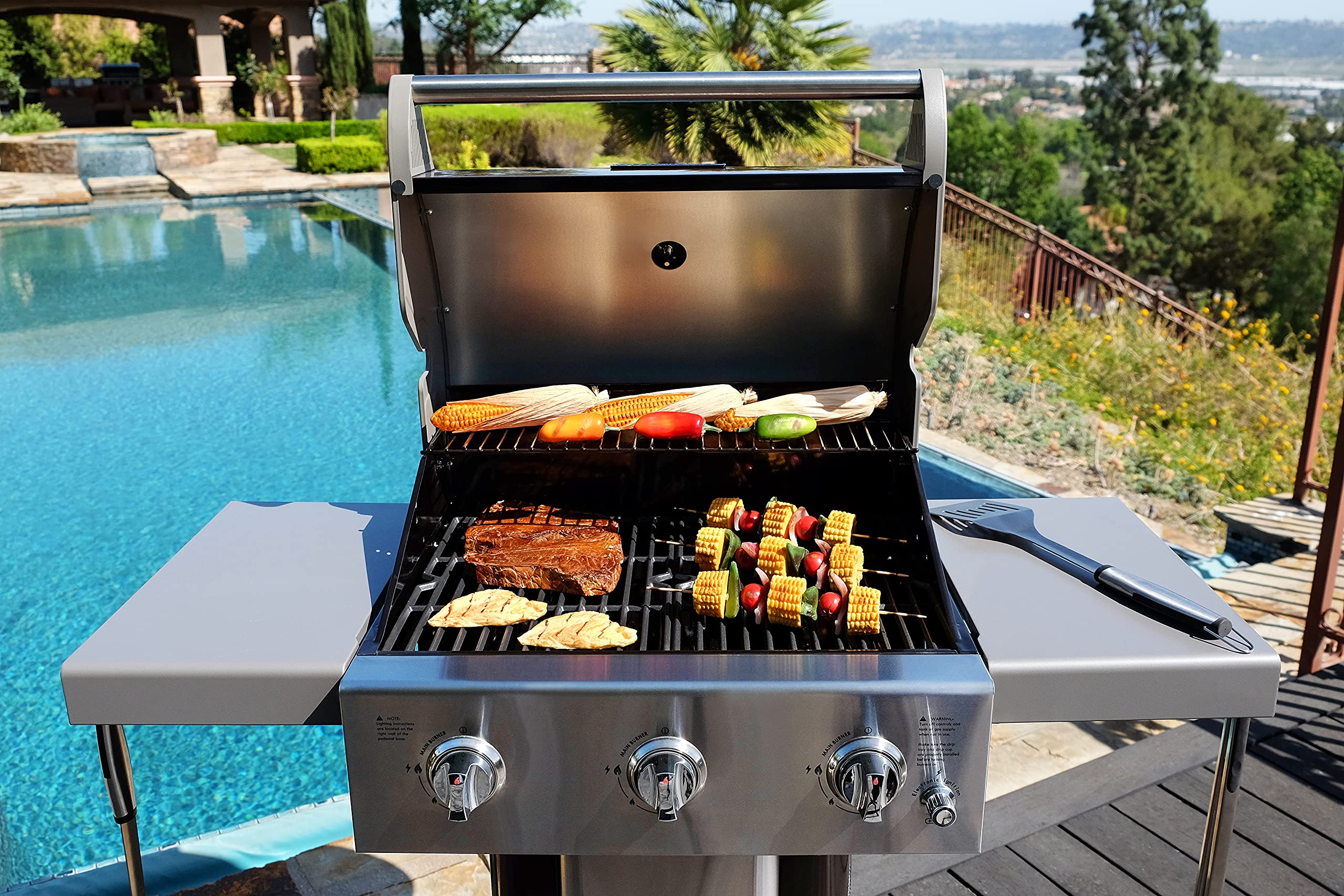 **Permasteel 3-Burner Propane Gas Grill – 30,000 BTU Outdoor BBQ Grill with Cast Iron Grates, Foldable Side Tables & Tool Hooks – Perfect for Backyard, Camping, and Tailgating (Mocha)**