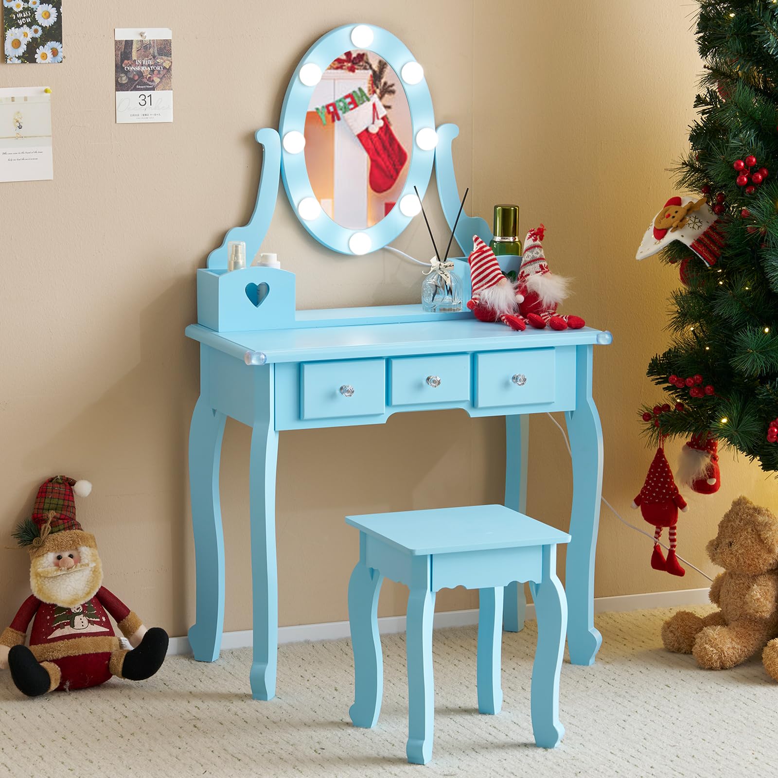 Blue Kids Vanity Set with Mirror & Light - Wooden Makeup Table & Stool for Girls - Perfect for Pretend Play & Bedroom Decor