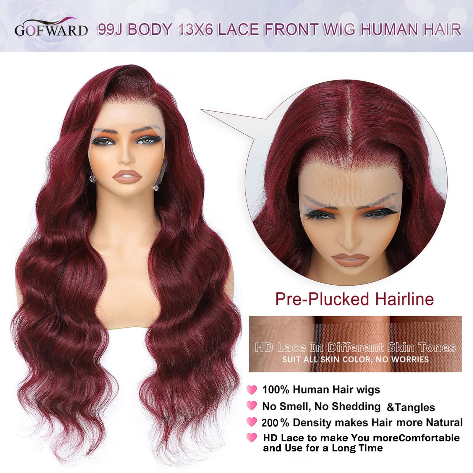 30 Inch Burgundy 99J Body Wave Lace Front Wig - 13x6 HD Transparent Lace Human Hair Wig with Pre-Plucked Hairline & Baby Hair - 200% Density Glueless Lace Frontal Wig for Women - Perfect for Daily Wear, Cosplay, and Special Occasions