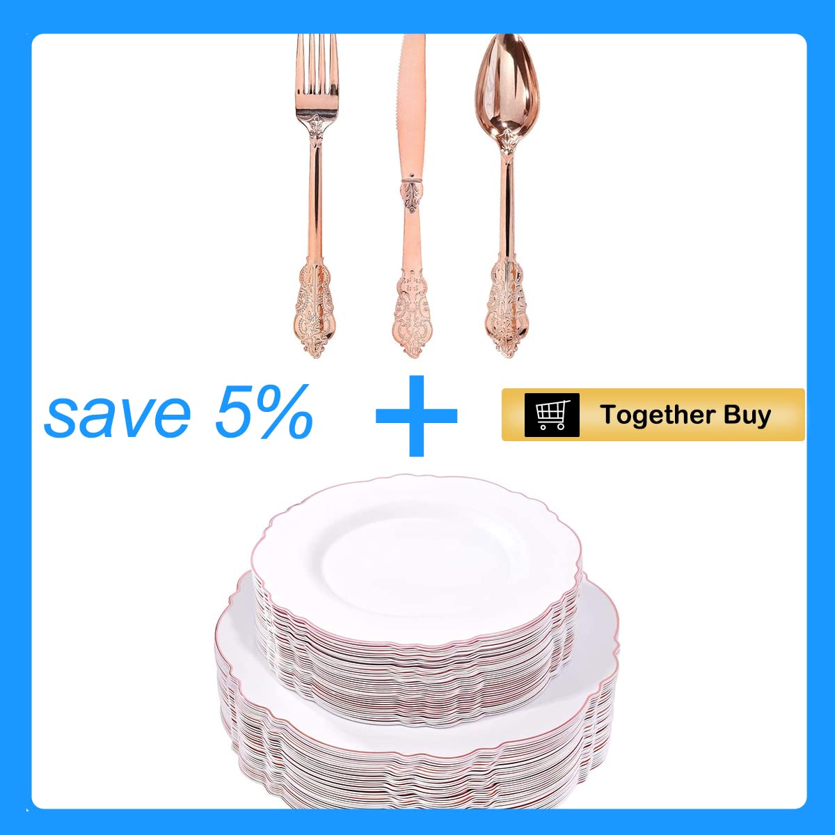 100-Pack Rose Gold Plastic Plates & 300-Piece Rose Gold Plastic Cutlery Set - Elegant Disposable Tableware for Parties, Weddings, and Events