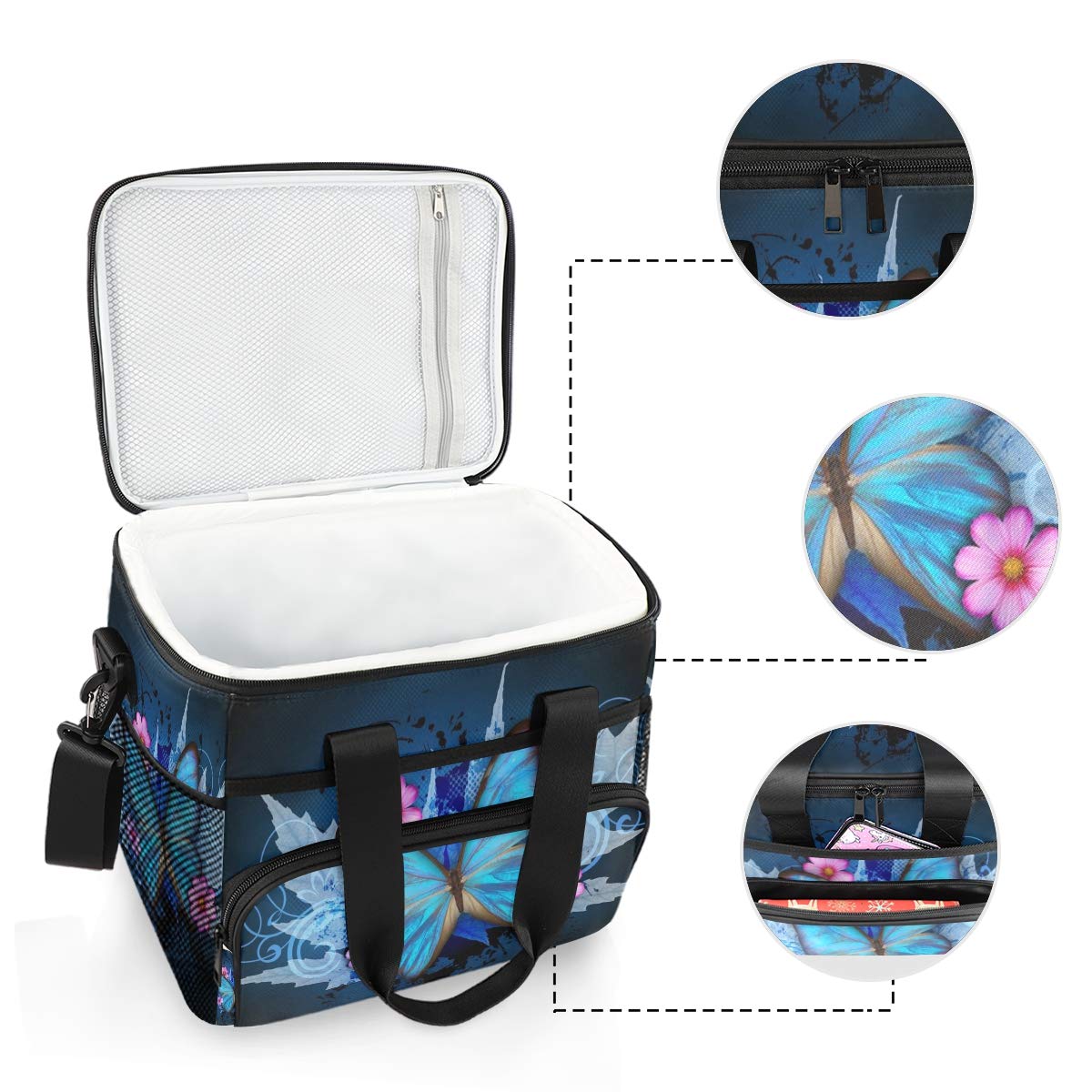 Butterfly Print Leakproof Insulated Lunch Cooler Bag with Detachable Shoulder Strap - Reusable Thermal Tote for Work, School, Picnic & Beach - Perfect for Women & Men's Lunch Storage & Organization