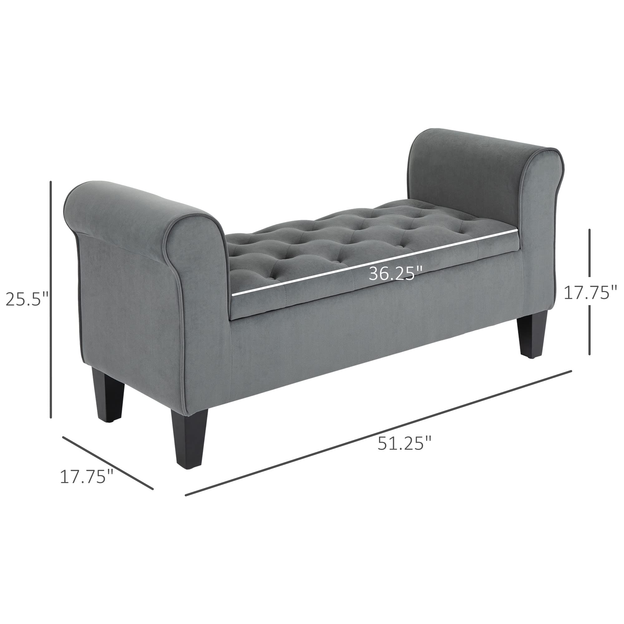 HOMCOM Button-Tufted Storage Ottoman Bench with Rolled Armrests - Upholstered Gray Footrest Seat for Living Room, Bedroom or Hallway - Perfect for Extra Seating & Hidden Storage