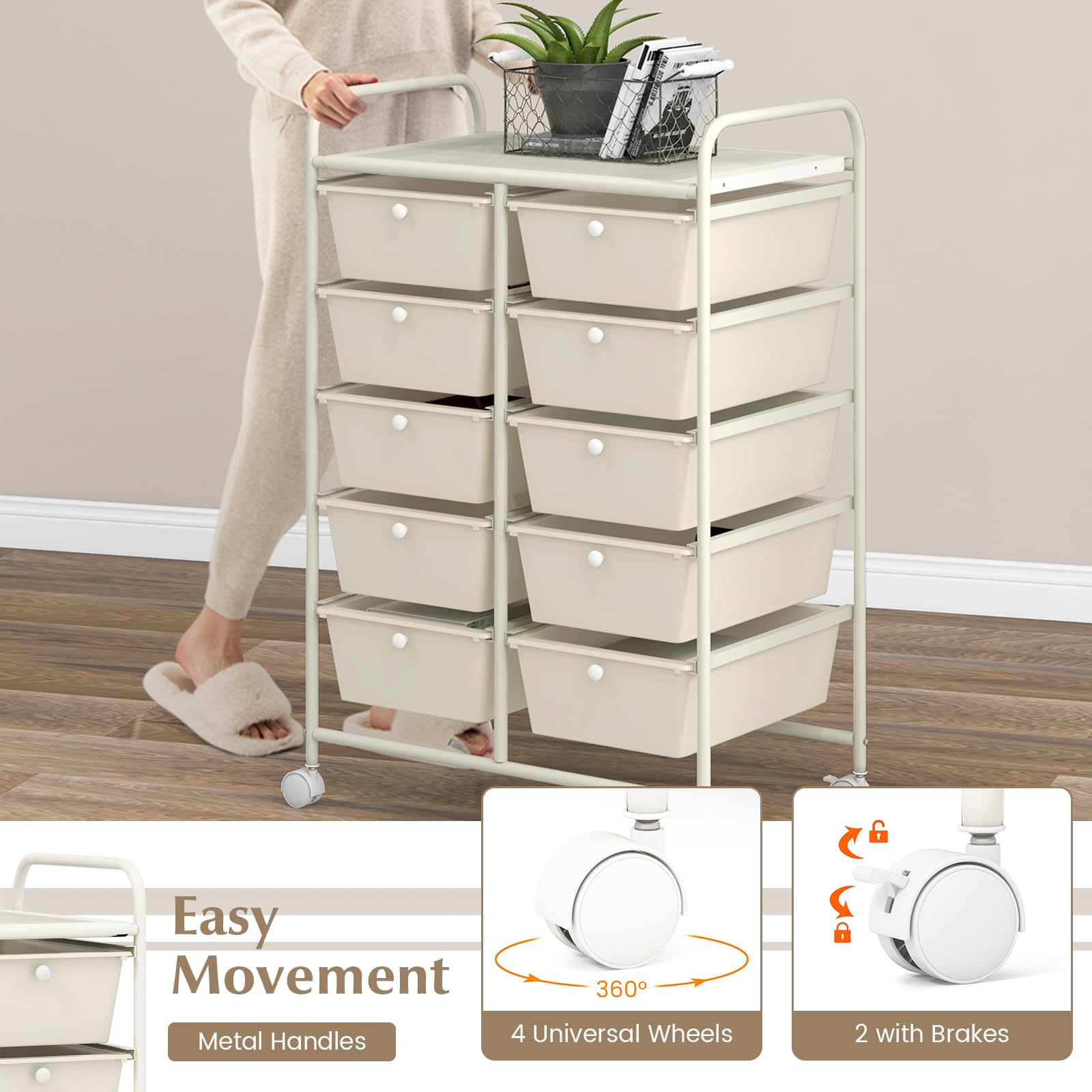 GOFLAME 10-Drawer Rolling Storage Cart with Wheels - Multipurpose Mobile Organizer for Art Supplies, Crafts, School, Office & Home Use - Ivory Utility Cart for Easy Storage & Organization