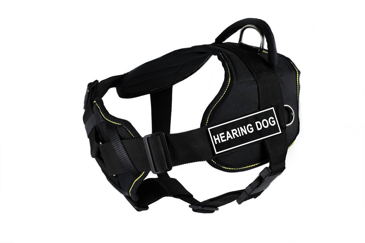 Dean & Tyler DT Fun Hearing Dog Harness - Padded Chest Support Vest for Small Dogs (22-27 Inch Girth), Adjustable Black & Yellow Safety Harness - Perfect for Service Dogs, Training & Outdoor Adventures