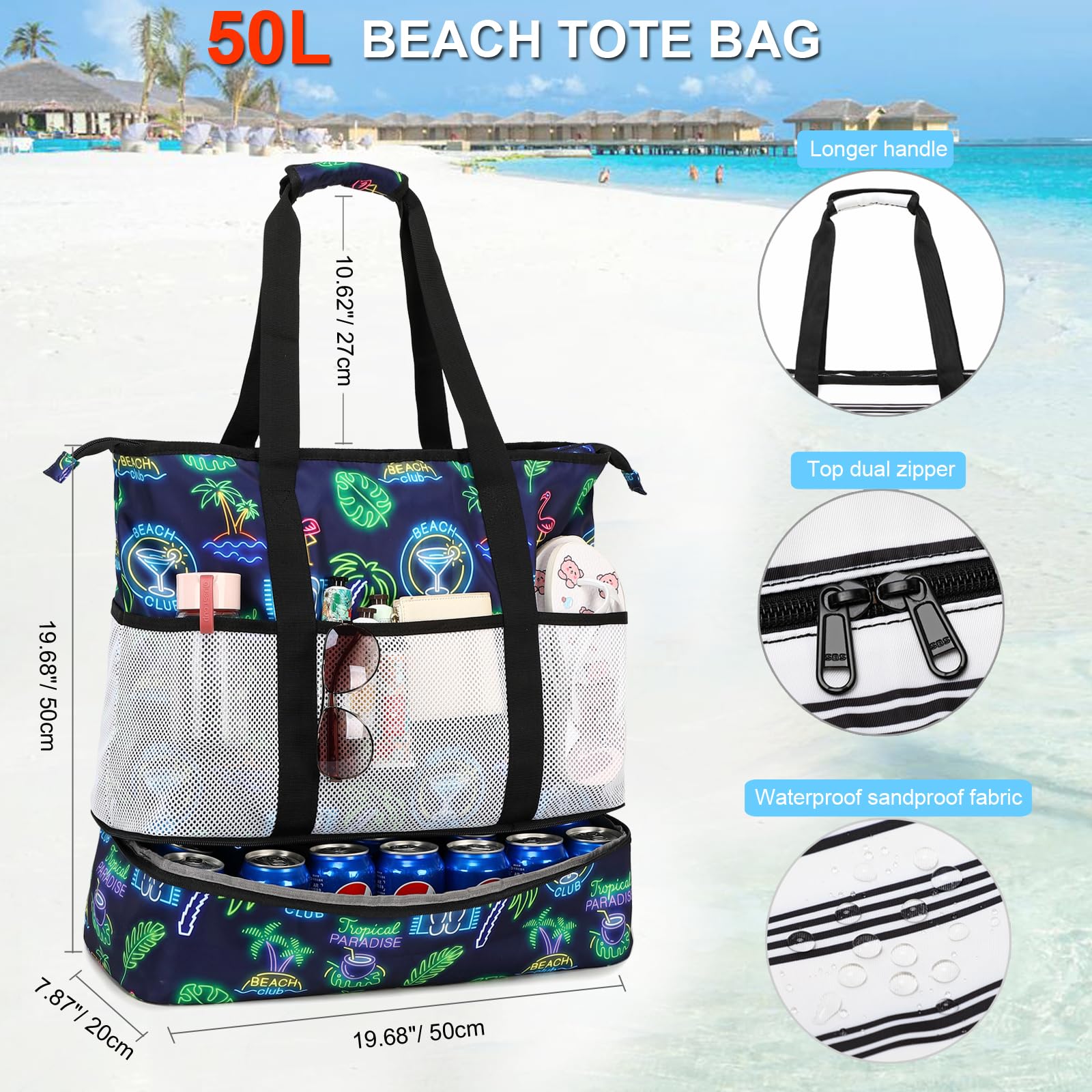 Octsky Waterproof Beach Tote Bag with Cooler & 9 Pockets - Sandproof for Women | Pool & Travel