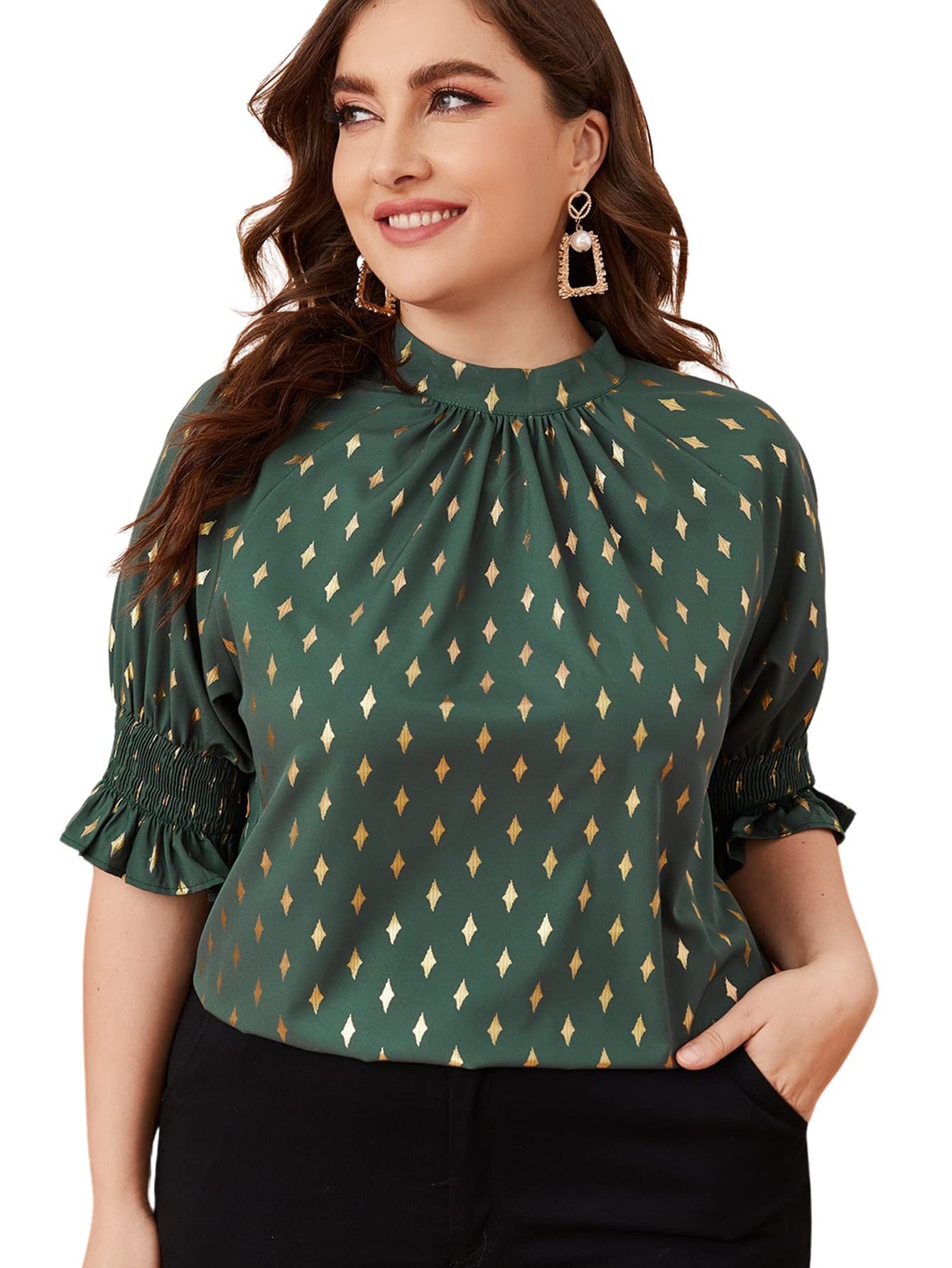 Romwe Women's Plus Size Pleated Mock Neck Puff Sleeve Blouse - Office Work Tops for Business Casual & Professional Wear