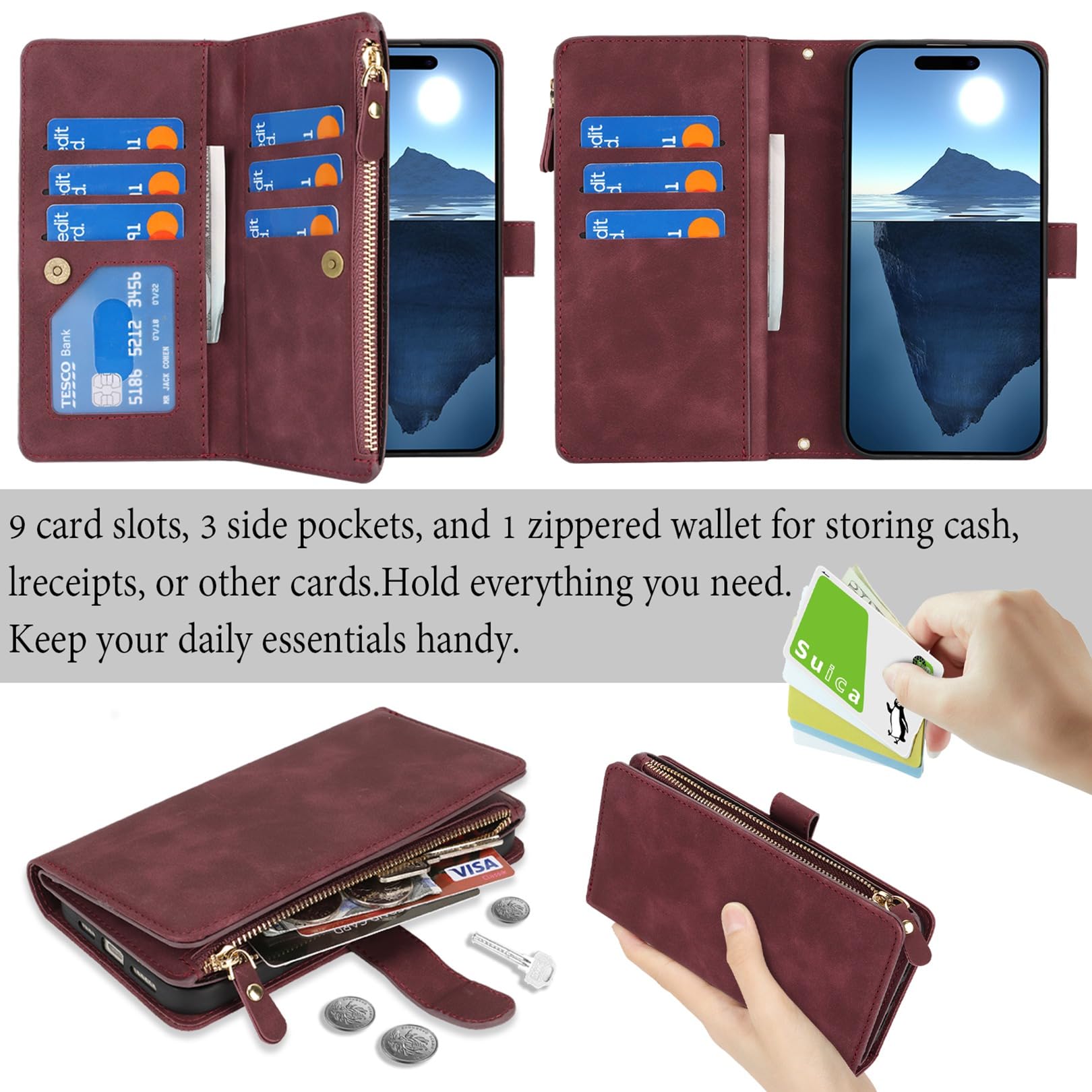 Jaorty iPhone 16 Plus 5G Wallet Phone Case for Women - PU Leather with Card Holder, Zipper Pocket & Adjustable Crossbody Strap (6.7