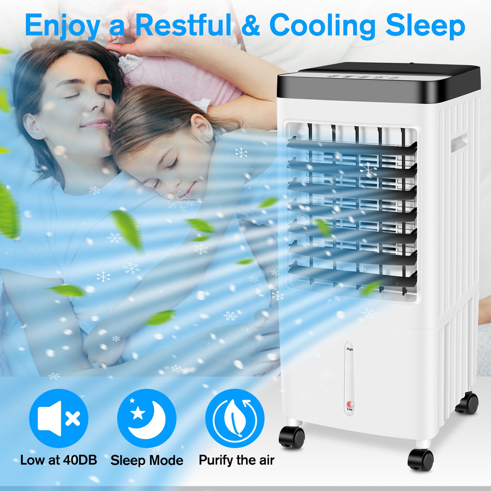Portable Air Conditioner with 10L Water Tank - 20H Cooling Time, 3 Speeds & 90° Oscillation - Swamp Cooler for Room, Kitchen, Bedroom (Includes 6 Ice Packs) - Perfect for Home, Office & Outdoor Use