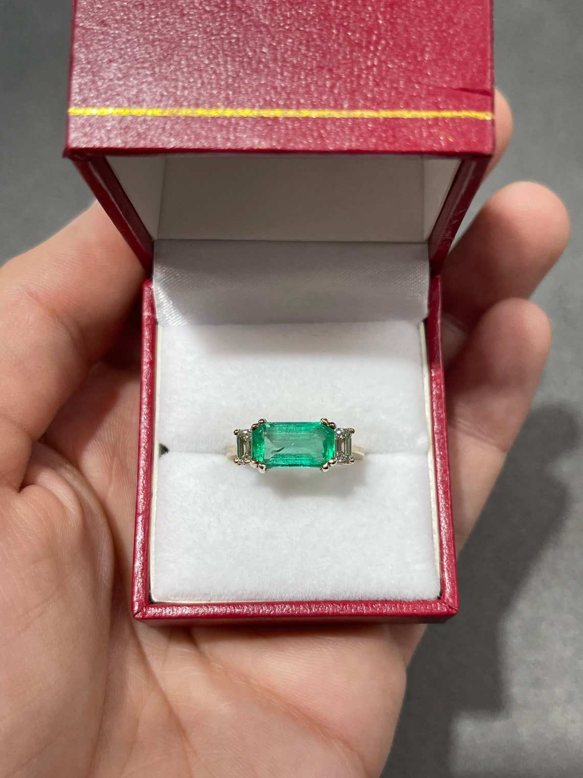 3.64 TCW Three Stone Emerald & Emerald Cut Diamond Engagement Ring in 14K Gold - Perfect for Proposals, Anniversaries & Special Occasions