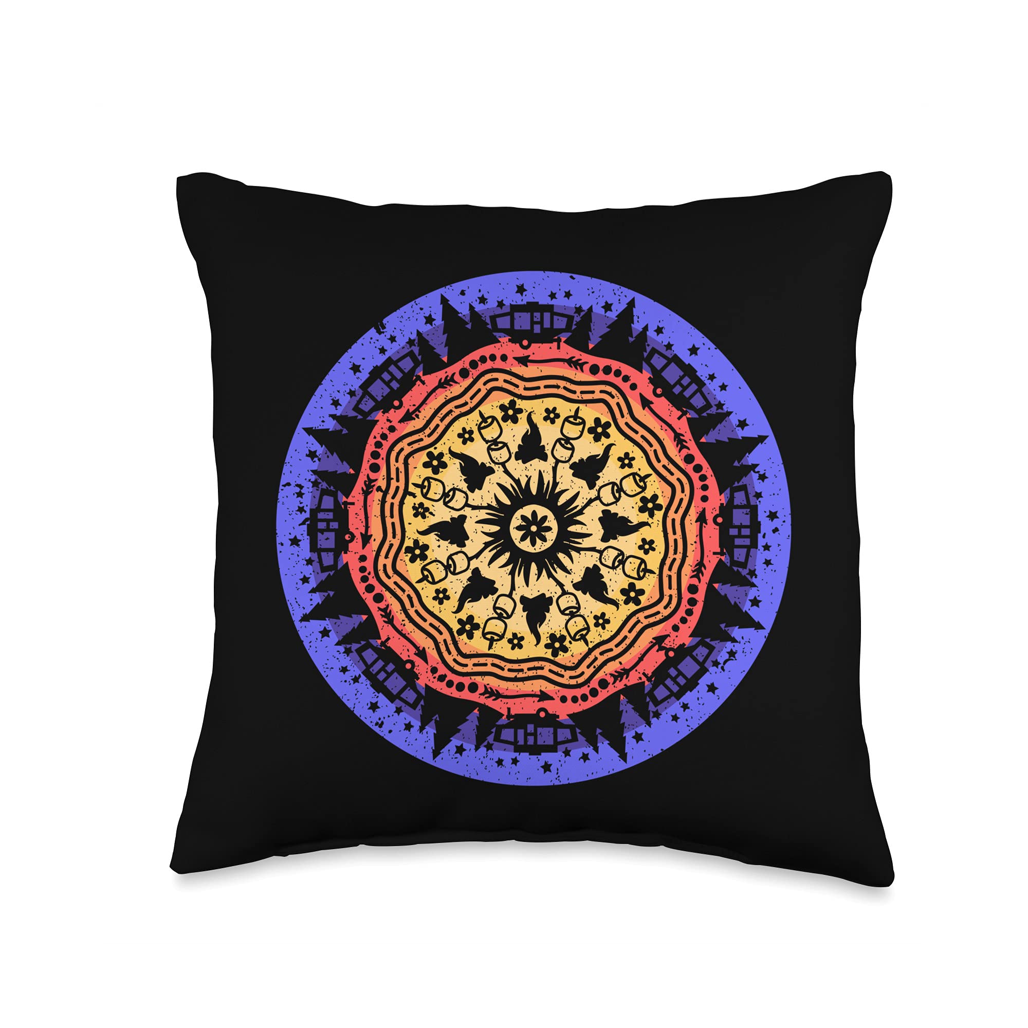 Night Sky Campfire Marshmallows Forest Pop Up Camper Mandala Throw Pillow - Cozy Outdoor Camping Decor for RV, Tent & Home