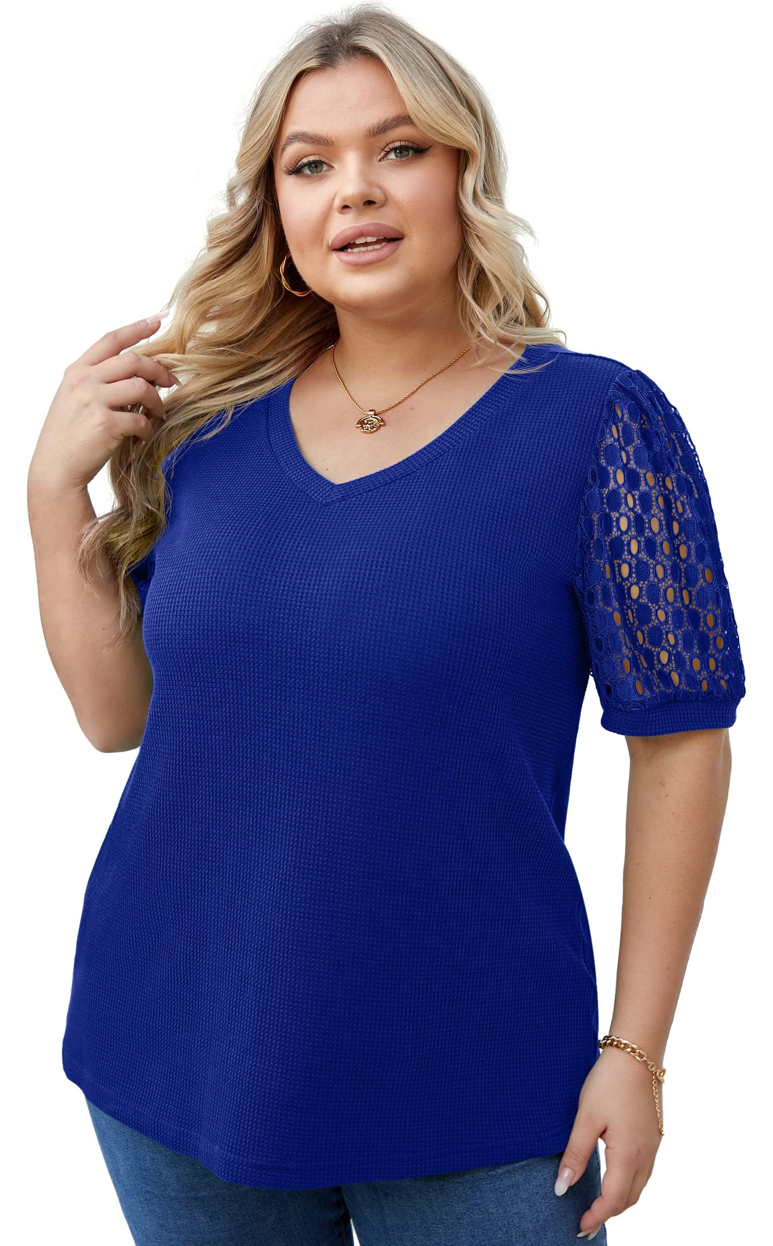OLRIK Plus Size Women's Summer Blouse - Waffle Knit Short Sleeve Lace Top for Casual Wear & Beach Outfits