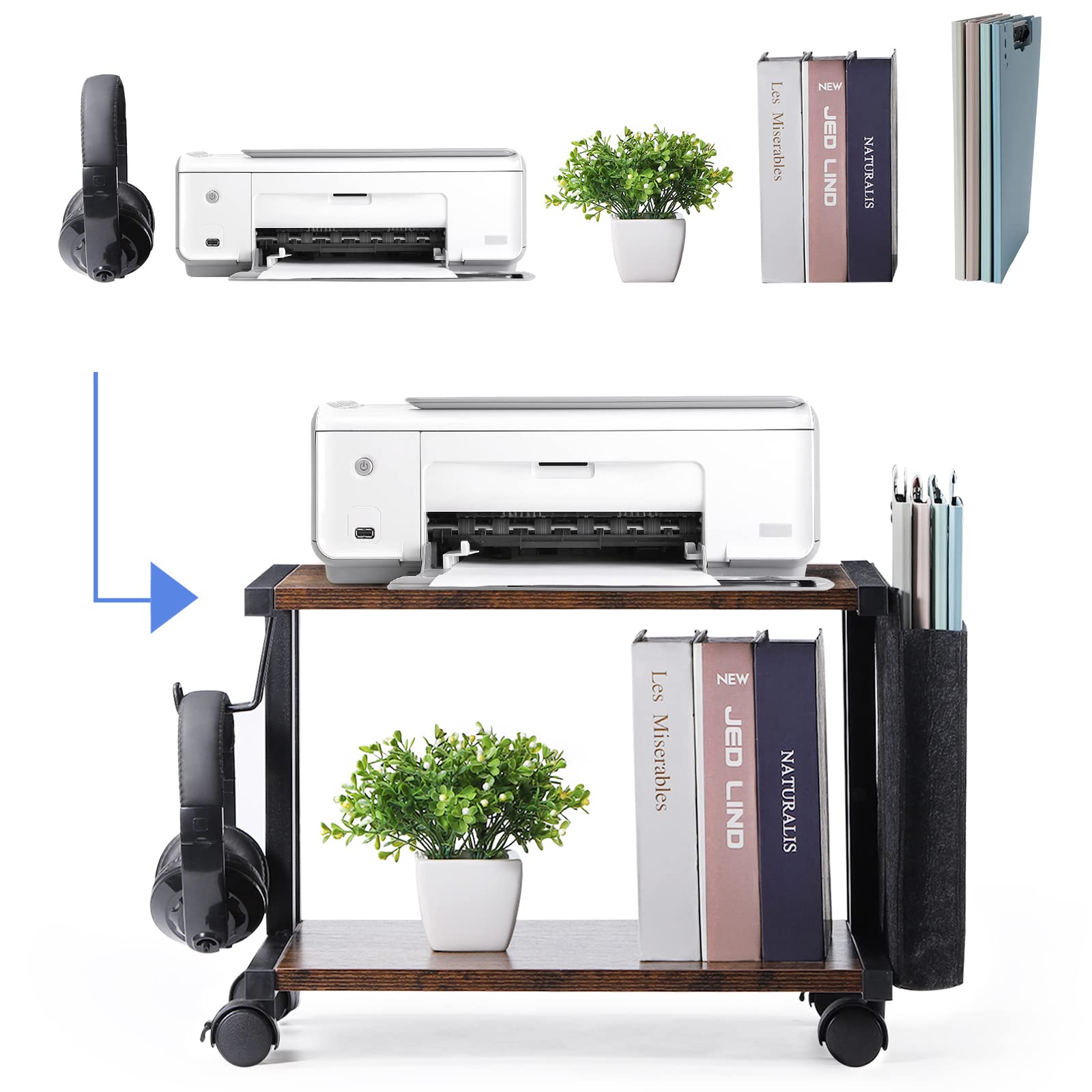 2-Tier Rolling Printer Stand with Storage Bag - Under Desk Mobile Printer Table for Fax Machine, Scanner & Files - Compact Desktop Shelf with Wheels (Brown) - Perfect for Home Office & Small Workspaces